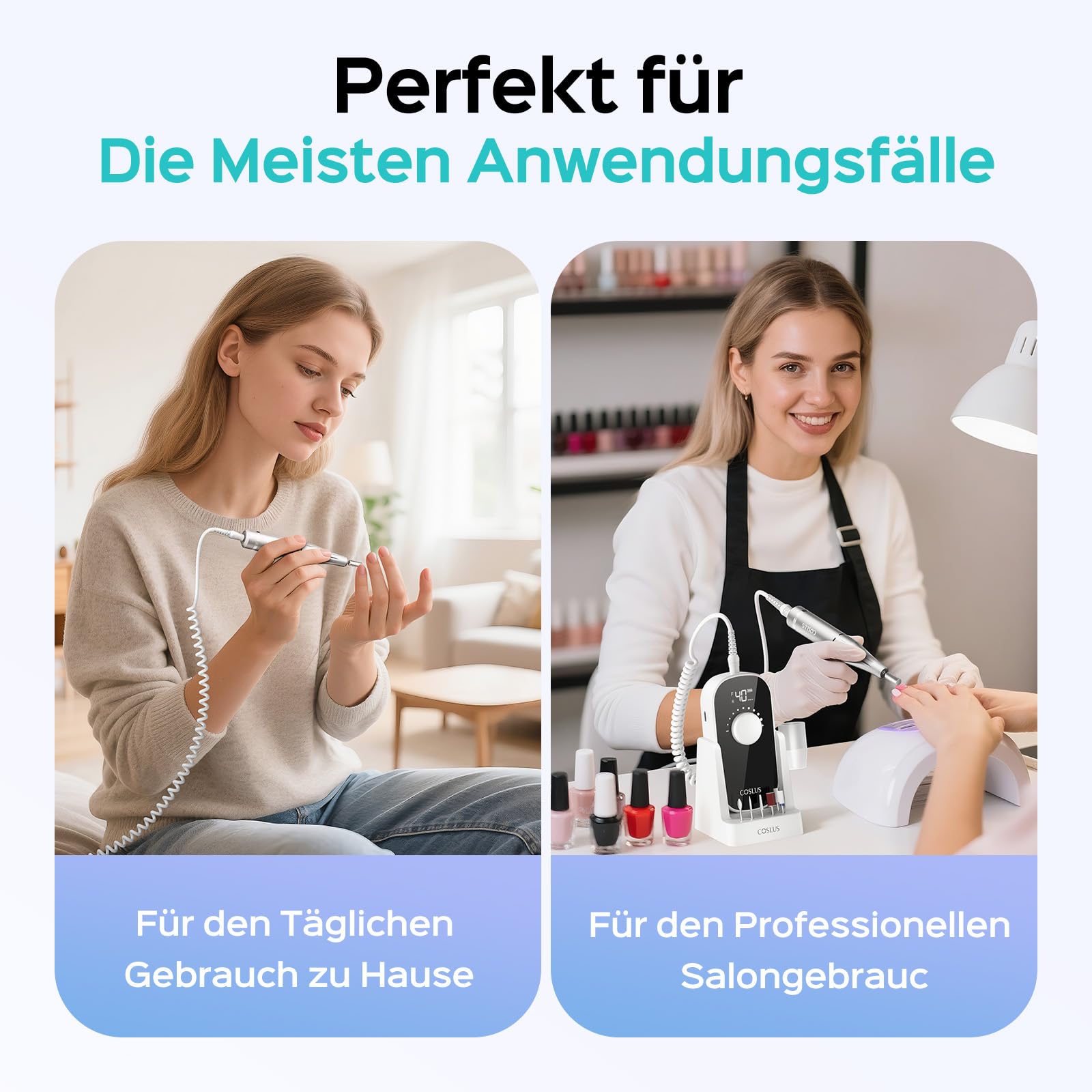 COSLUS E51 Elektrische Nagelfräser 40000 U/min: 6-in-1 Professionell Nagelpflege Set für Gelnägel Acrylnägel für Salon und Zuhause Mit Gel-Entfernung und Pediküre-Funktion Tragbar und Geräuscharm