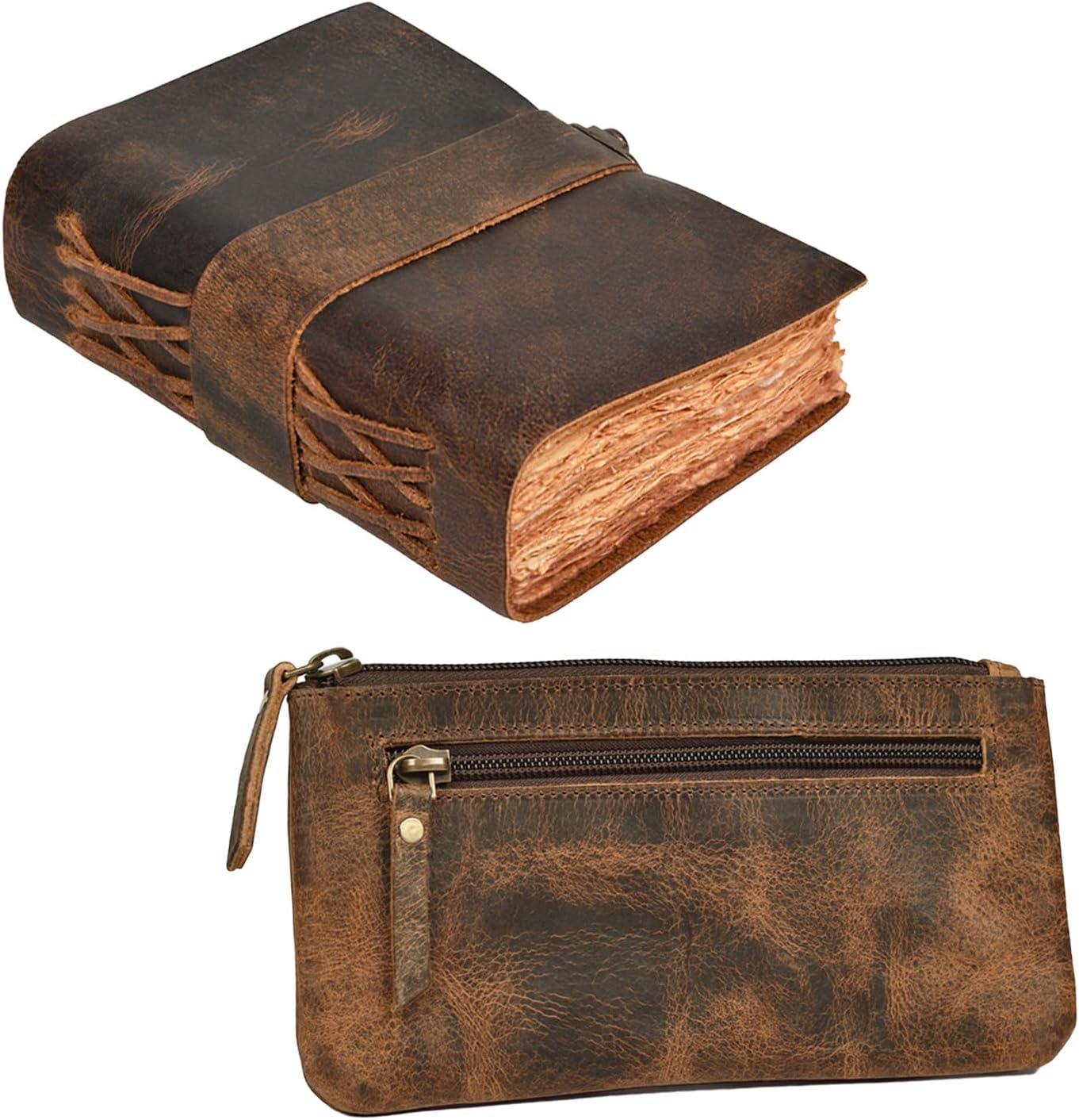 Set of Leather Village Leather Bound Journal- 13"X8"- 200 Pages- Watercolor paper & Leather Pencil Pouch/Case - 8"X4" - Brown Color
