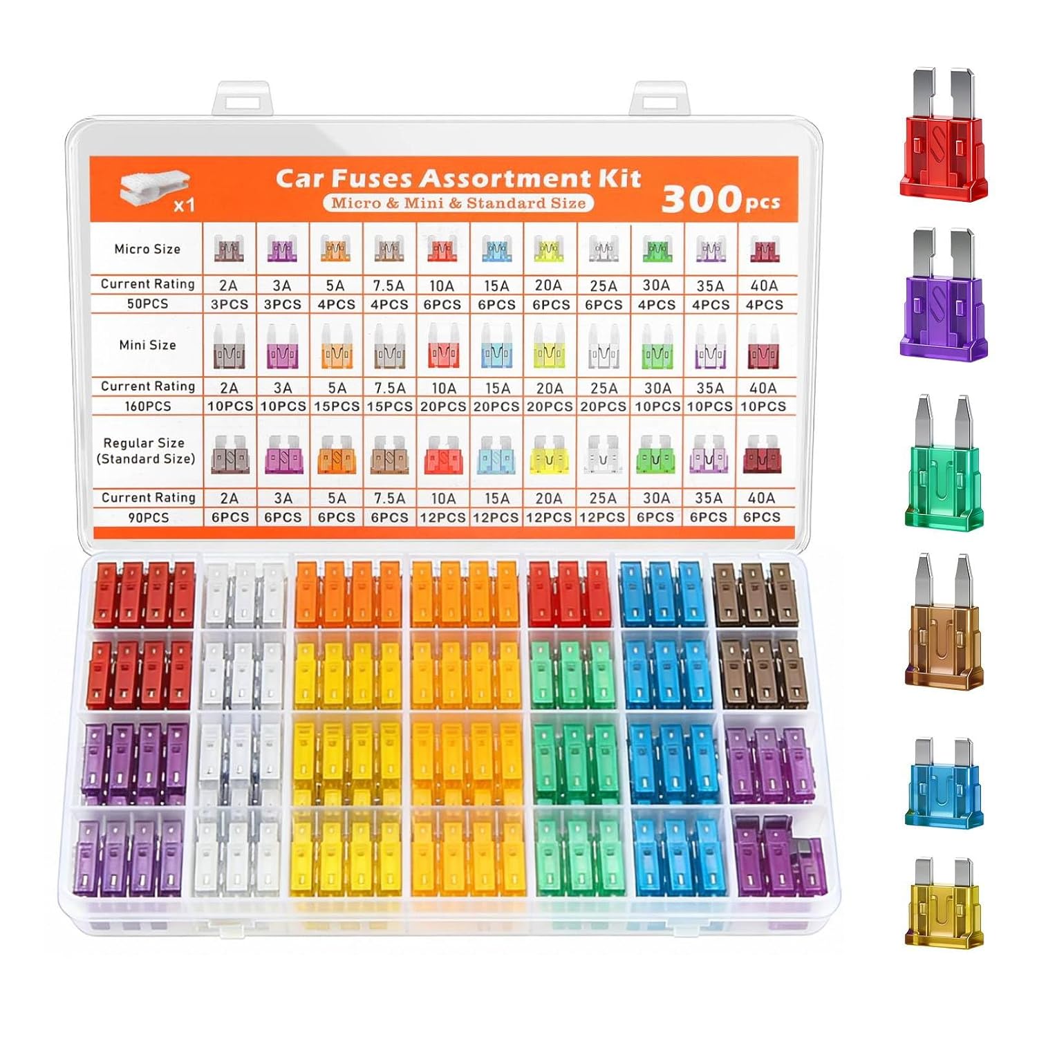Car Fuses Assorted Kit 300 Pcs Car Fuse Kit with Storage Case and Fuse Clip Mixed Pack Blade Fuses for Cars Motorhomes Trucks