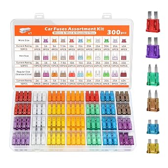 Car Fuses Assorted Kit 300 Pcs Car Fuse Kit with Storage Case and Fuse Clip Mixed Pack Blade Fuses for Cars Motorhomes Trucks
