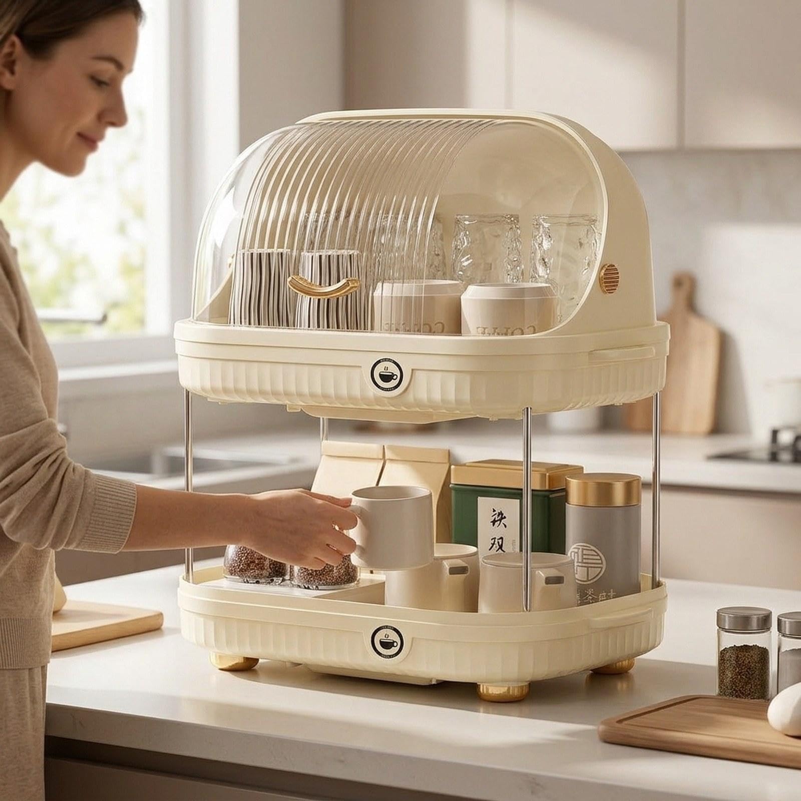 Escurridor de Platos, Bandeja para Cubiertos, Soporte Multifuncional de Dos Niveles para Botellas con Tapa para Vasos, Beige, Individual