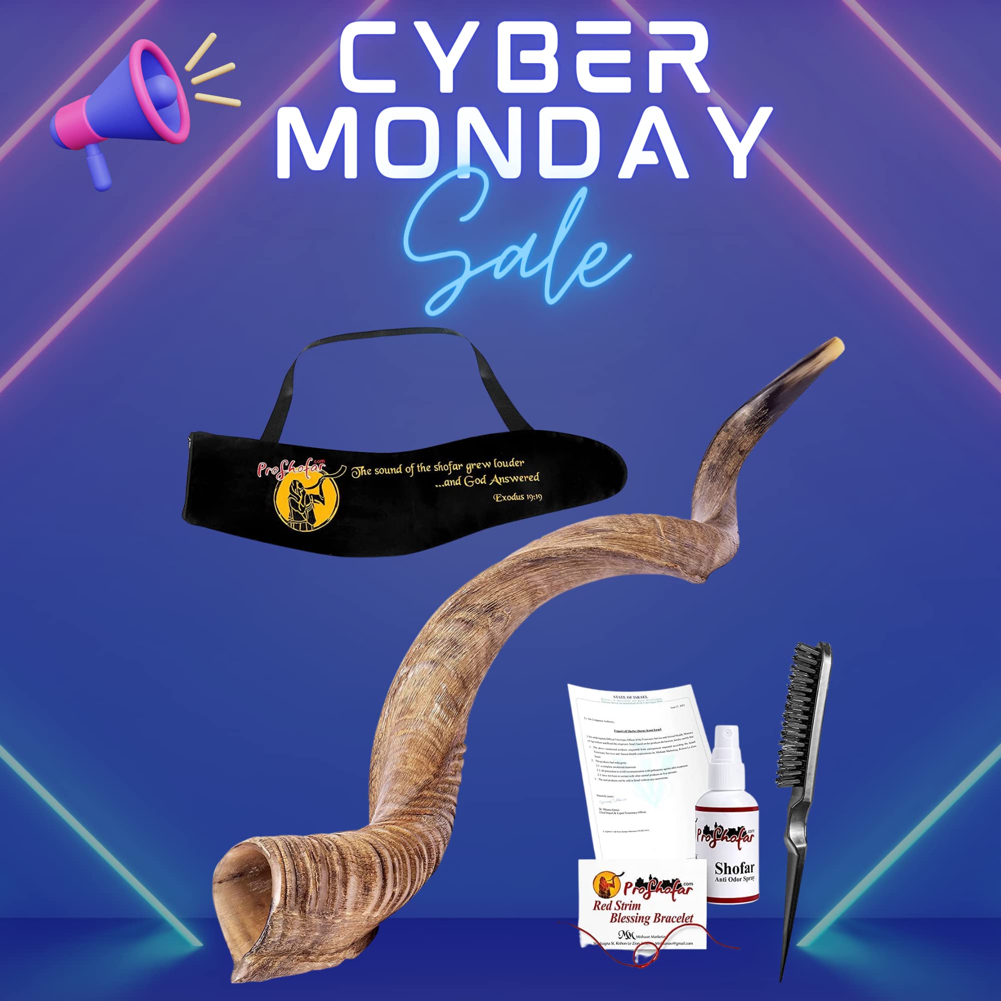 ProShofar Israel Shofar Set, Natural Kudu Horn Shofar, Kosher Yemenite Traditional Musical Instrument for Jewish Spiritual Ceremonies and Religious Sermons