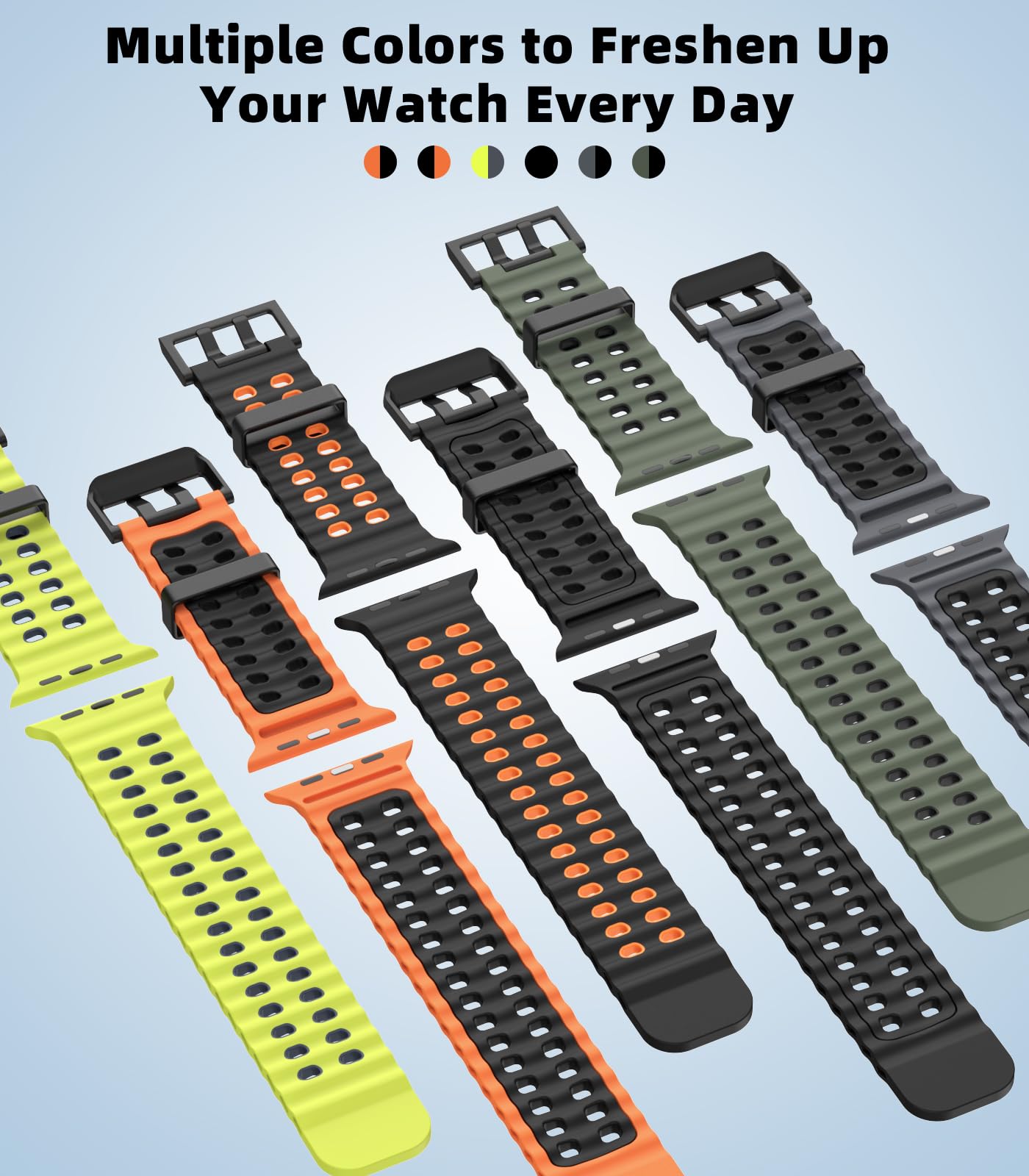 Breathable Ocean Strap Compatible with Apple Watch Ultra 2/Ultra 49mm,Series 10 46mm,9/8/7 45mm,SE2/SE/6/5/4 44mm,3/2/1 42mm, Silicone Watch Band Sport Strap for Men Women, Black/Orange