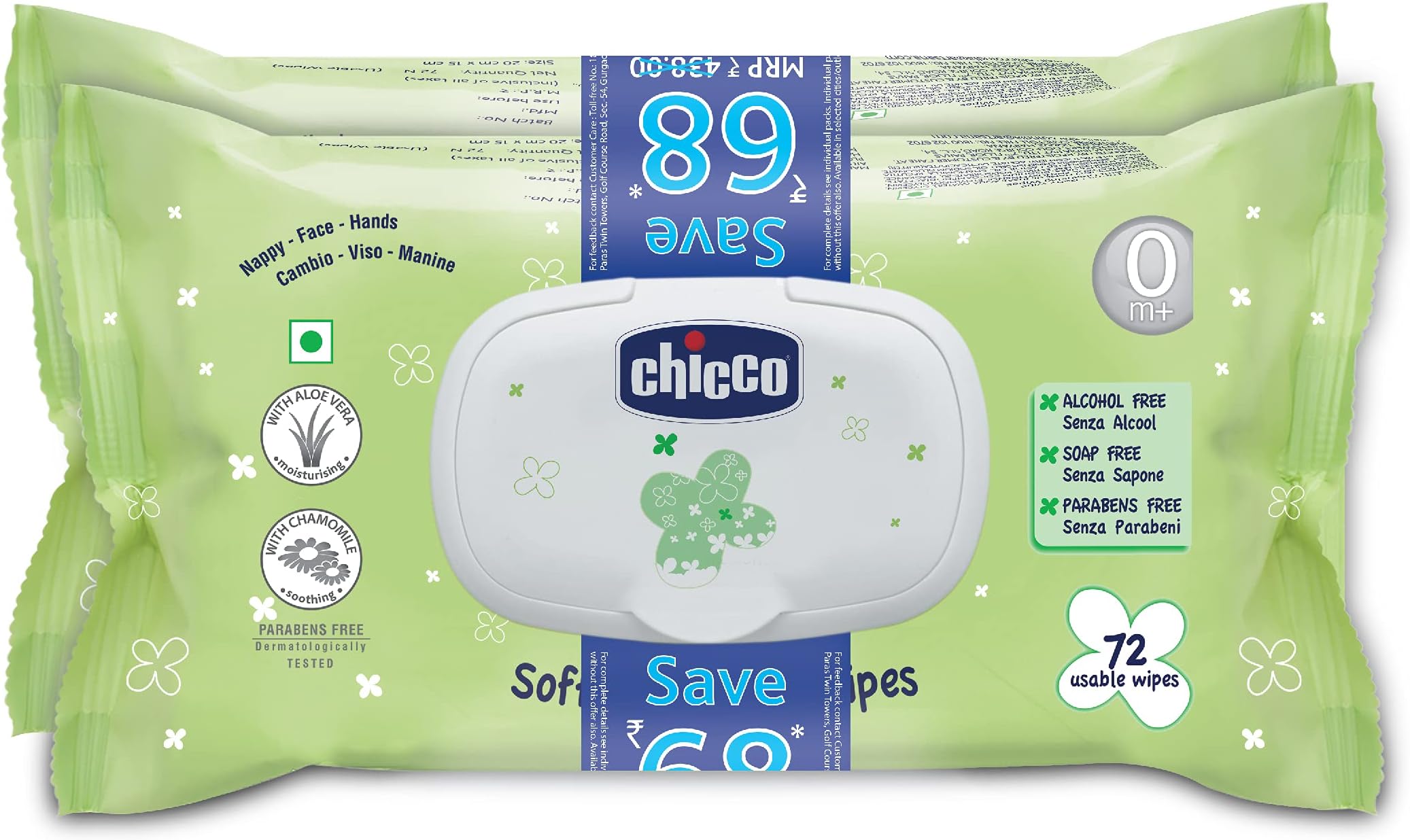 Chicco Baby Moments Soft Cleansing Baby Wipes, Ideal for Nappy, Face and Hand, Dermatologically Tested, Paraben Free, Fliptop Pack (Pack of 2, 72 Sheets per Pack), white