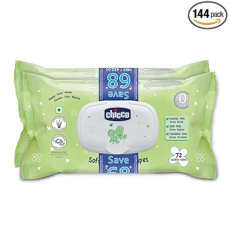 Chicco Soft Cleansing Baby Wipes, 72 pieces/pack (Pack of 2 ) Fliptop Pack | Wet Wipes Ideal for Nappy, Face and Hands | Dermatologically Tested, No Phenoxyethanol, No Parabens, No Alcohol, Soap-Free