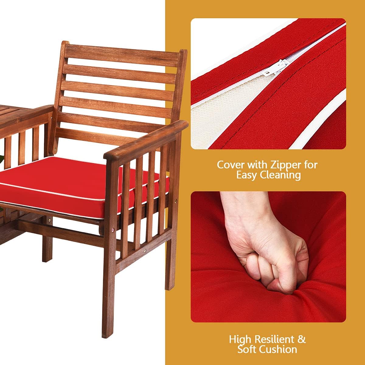 DORTALA Outdoor Loveseat with Table, Acacia Wood Table Chairs Set with Cushions, 2-Seater Patio Furniture Set for Balcony, Porch, Backyard, Deck, Red