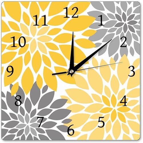 Reloj de pared decorativo con flores de dalia amarillo y gris, cuadrado, sin tictac, para el hogar, cocina, sala de estar, oficina, 12 pulgadas