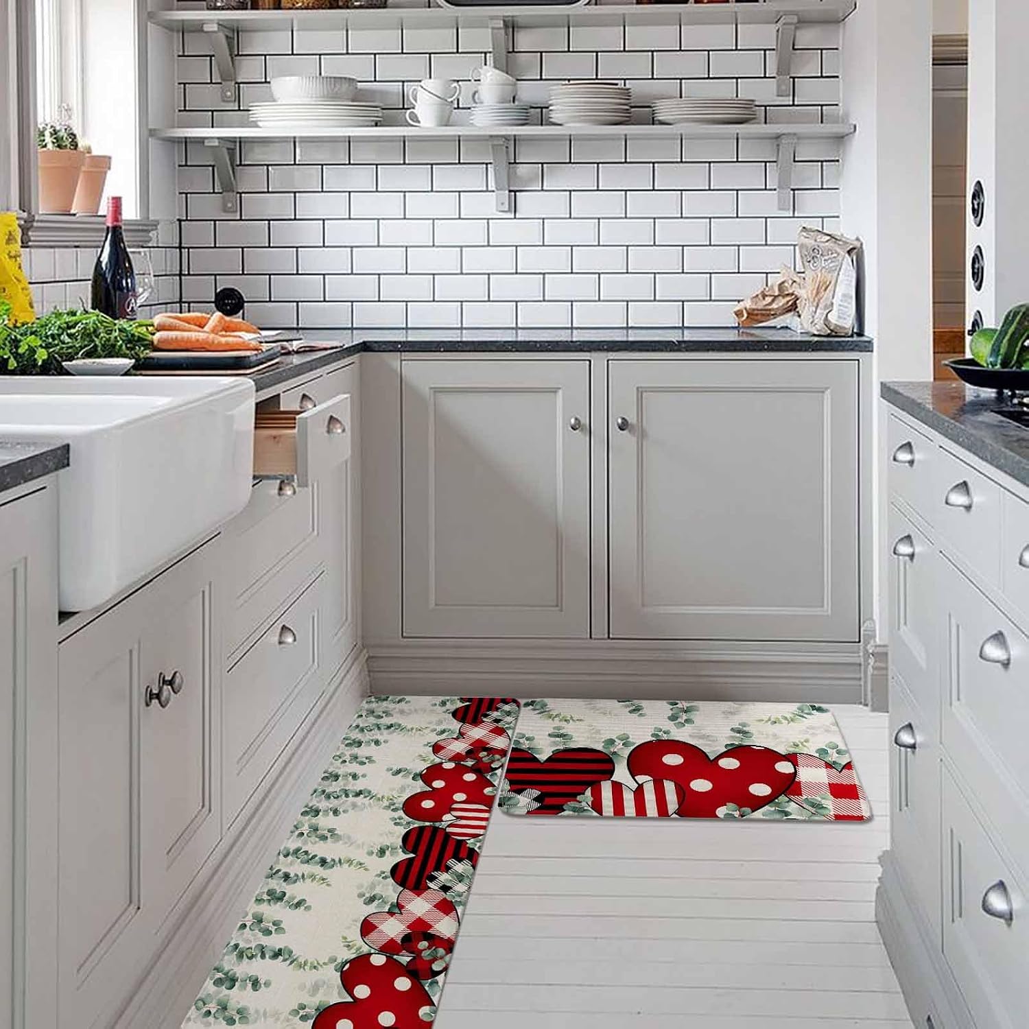 Valentine's Day Eucalyptus Kitchen Rugs and Mats Set of 2, Non-Slip Kitchen Sink Mat, Love Heart Botanical Linen Washable Doormat Bathroom Rugs Runner for Bedroom/Living Room 19.7"x31.5"+19.7"x63"