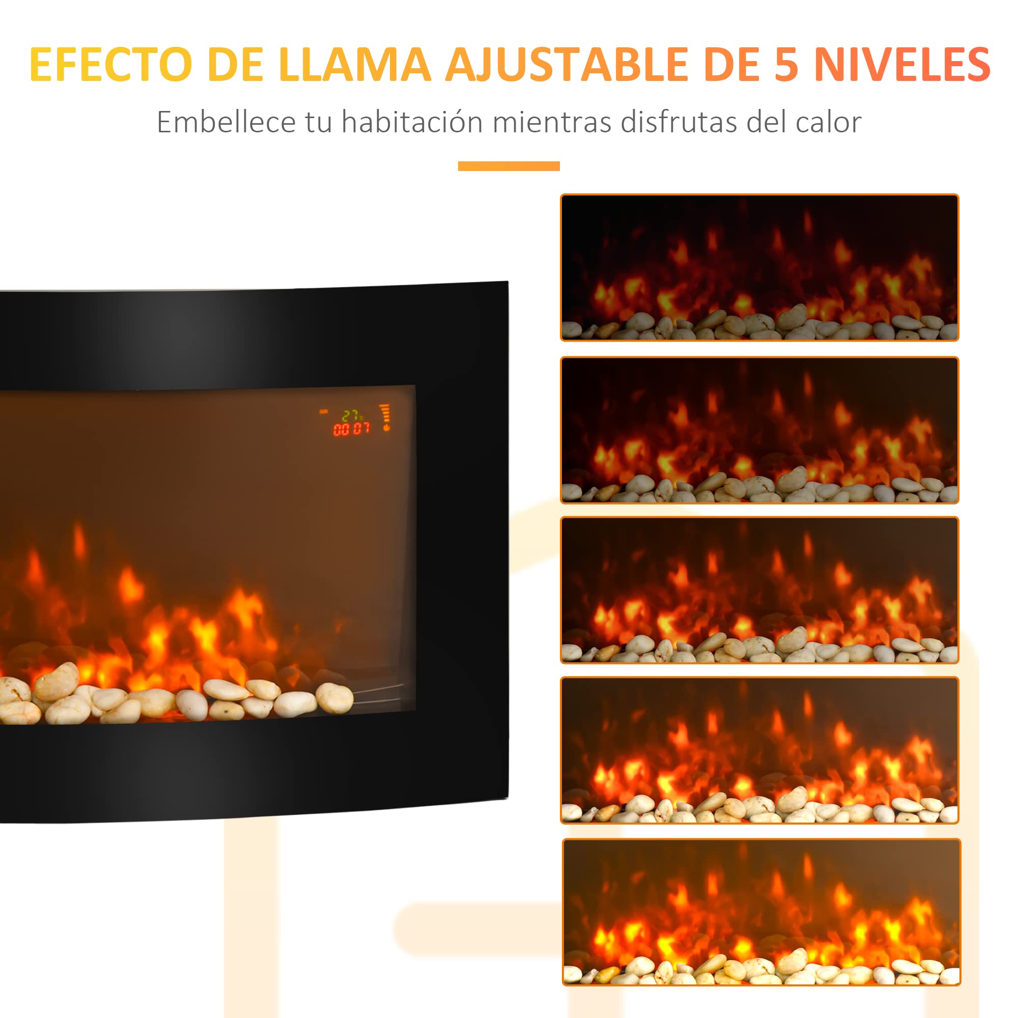 HOMCOM Chimenea Eléctrica 1000W/2000W Decorativa de Pared con Temperatura Ajustable Mando a Distancia Negro 89,2x13,5x48 cm
