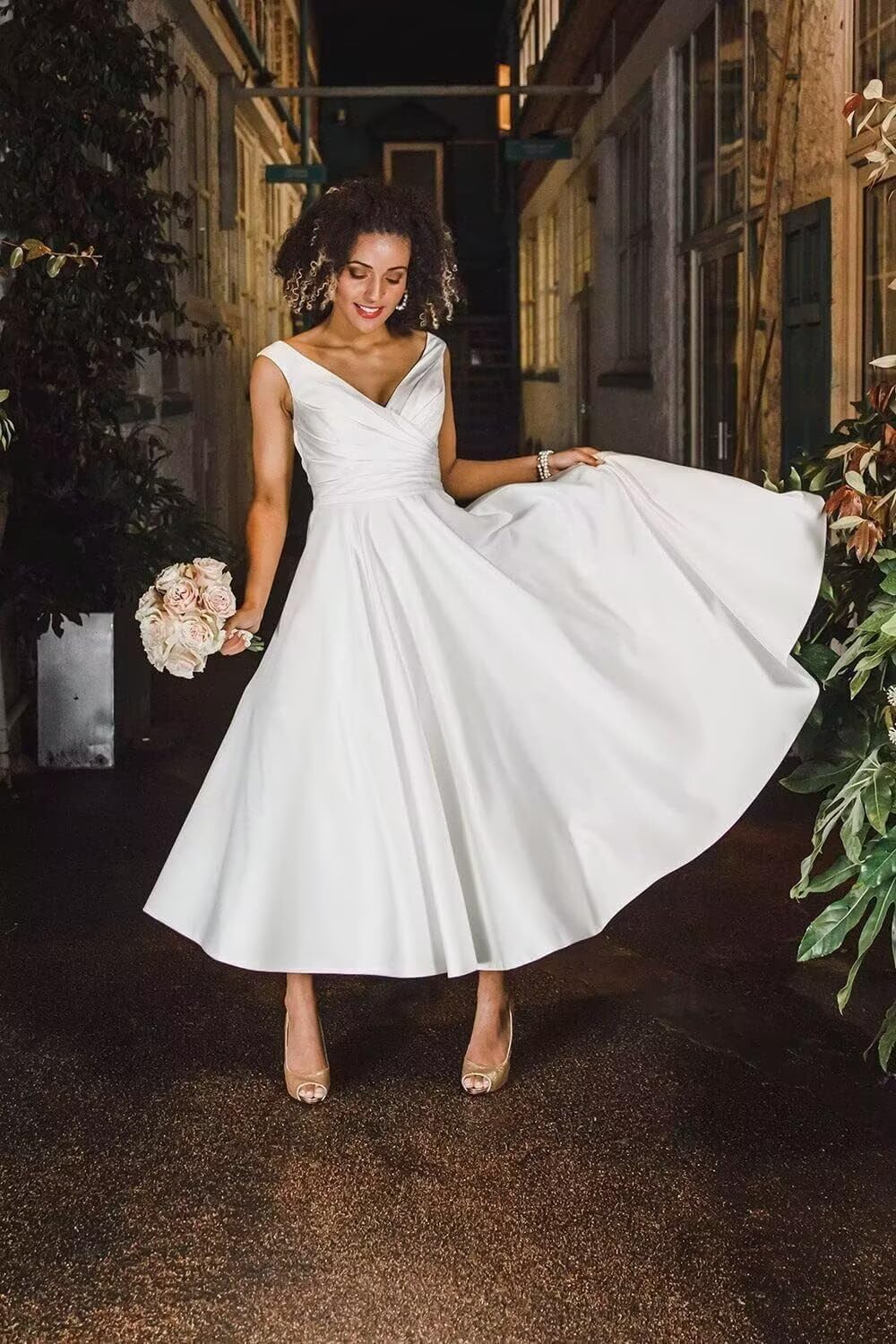 Satin Tea Length Wedding Dress for Bride Simple A Line Midi V Neck Simple Formal Bridal Party Gown