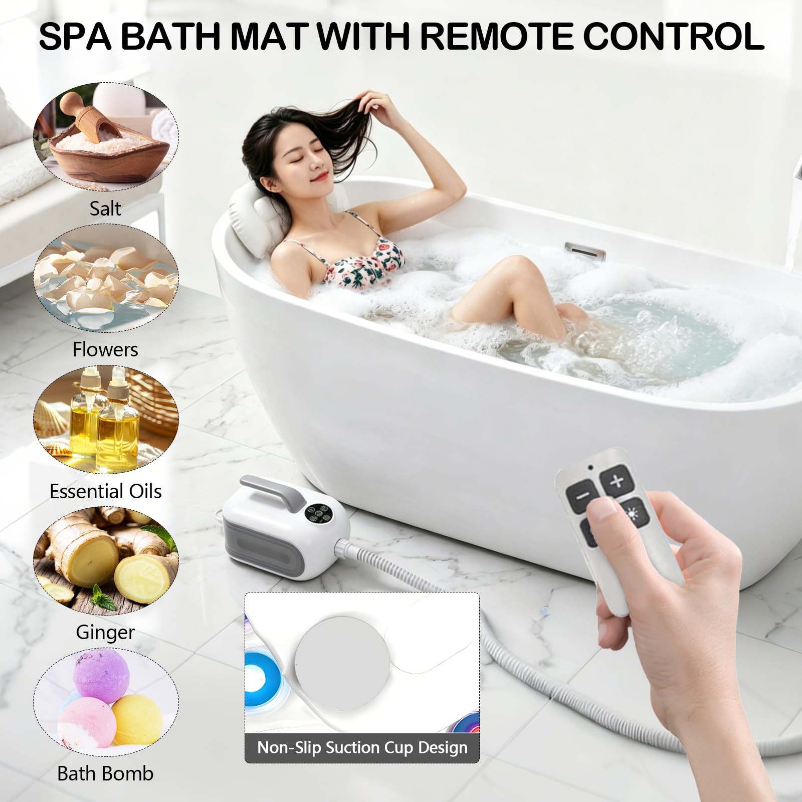 Sprudelmatte Badewanne, Badewanne Spa Matte mit 6 Massage Intensitätsstufen, Luftsprudelbad Sprudelmatte mit Kissen und Anti Rutsch Saugnäpfe, Spa Baden für Zuhause, Fernbedienung Inklusive