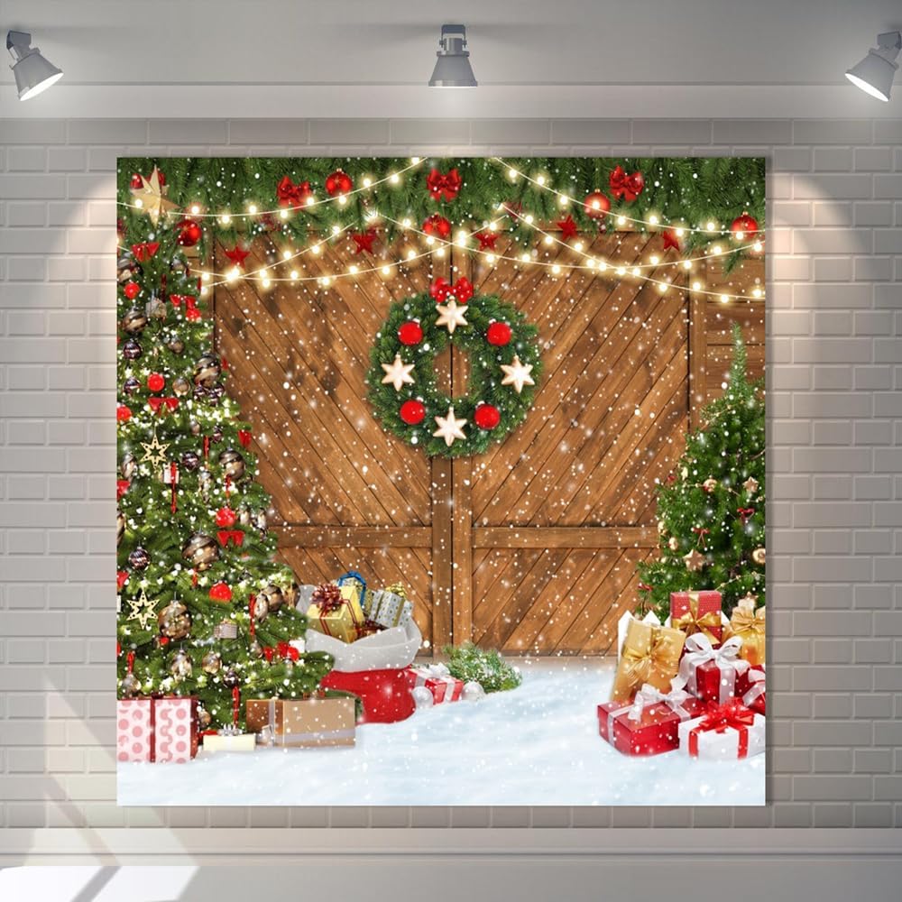 Amazon.com : 10x10ft Christmas Backdrop Winter Christmas Barn Wood Door ...
