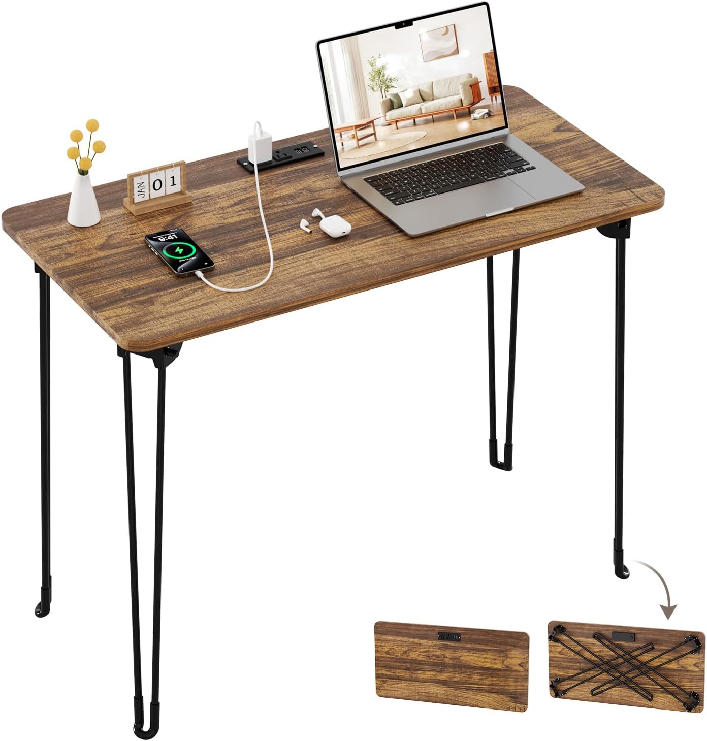 Folding Desk, 31.5" Hairpin Legs Small Desk with Power Strip for Bedroom, Space Saving Foldable Computer Desk for Home Office, No Assembly Need,Brown