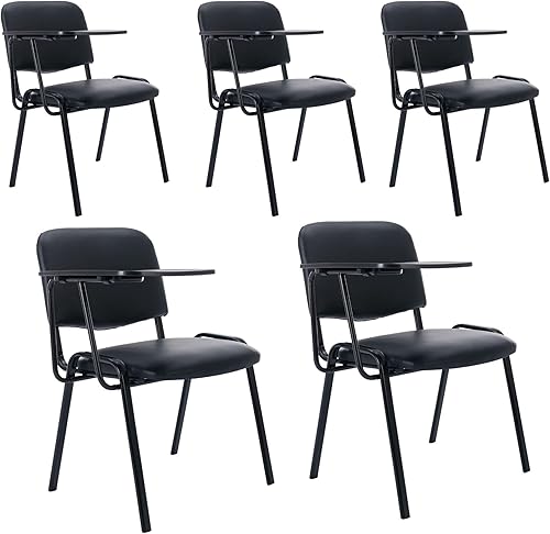 Juego de 5 sillas negras con brazo para tableta, cómodas de poliuretano, para oficina, sala de espera, apilables, sillas de recepción con mesa