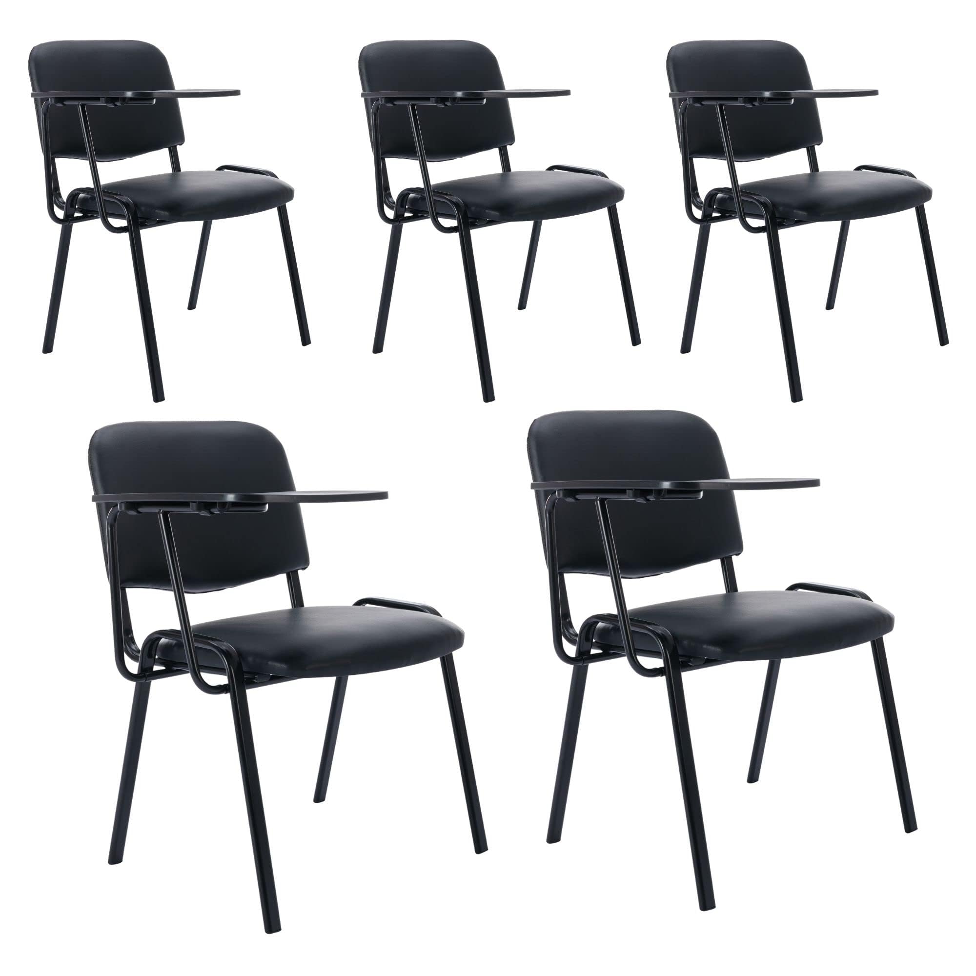 HNY Black Tablet Arm Chairs Set of 5, PU Comfort Office Waiting Room Guest Nesting Stacking Reception Chairs with Flip-Up Table Conference Chairs for