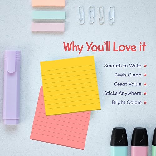 Miniatura 5 de Paquete de 8 notas adhesivas forradas de 3 x 3, almohadillas autoadhesivas de colores brillantes, 60 hojasbloc, fáciles de publicar para la escuela,