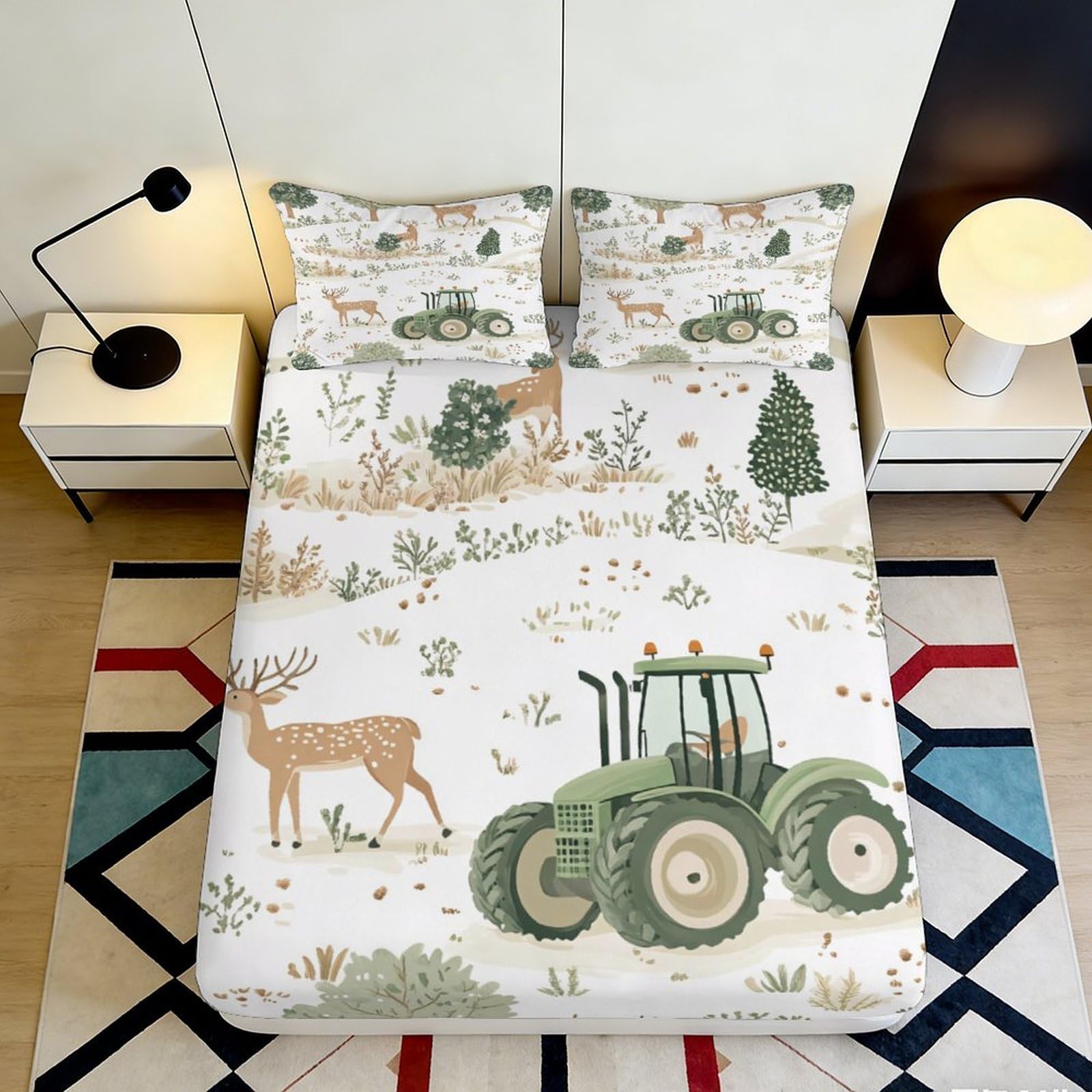 3D Printed Deer and Tractor Fitted Sheet Microfiber Soft Breathable Forest Pattern Bed Cover for Bedroom Dormitory Guest Room Mattress Protection 120x200x25cm