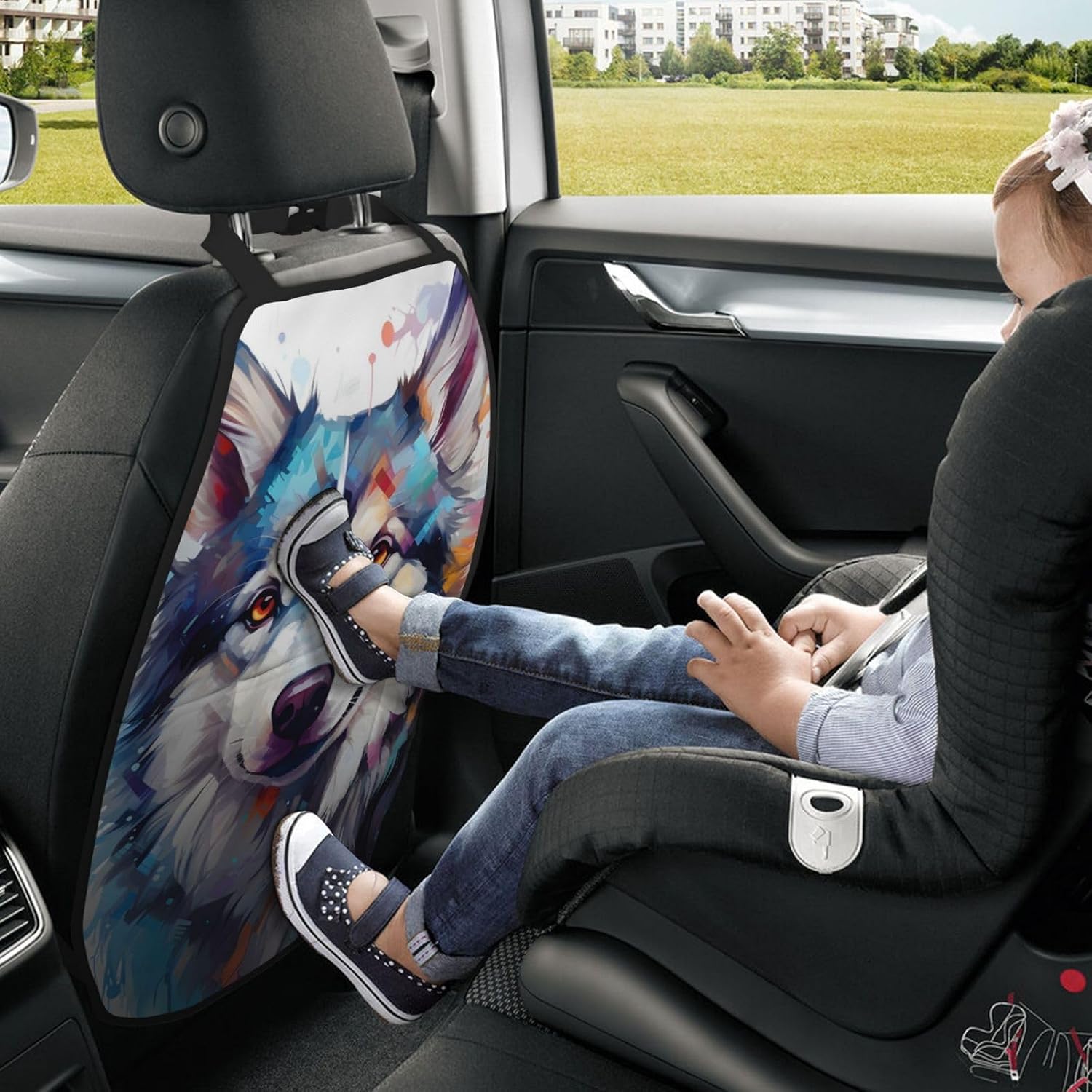 Car Seat Back Kick Protector 2 Pack 18.5x26.4 Inch, Watercolor Husky Anti-Kick Pad, Waterproof Oxford Fabric Large Rear Seat Cover for Kids Pets Fits SUV Jeep Truck Sedan