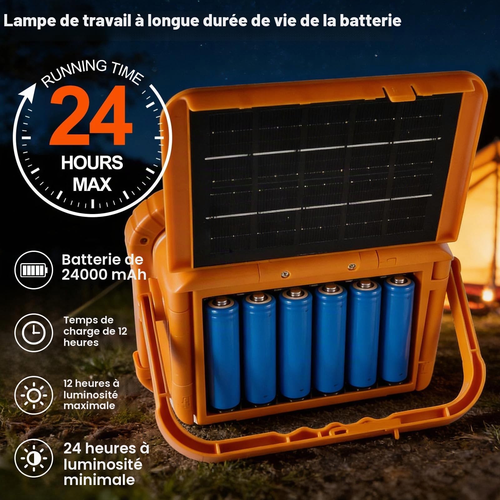 Projecteur Led Rechargeable Solaire Projecteur Led Batterie 24000 mAh avec Luminosité Réglable, Lampe de Chantier pour Camping, Chantiers de Construction, éclairage de secours