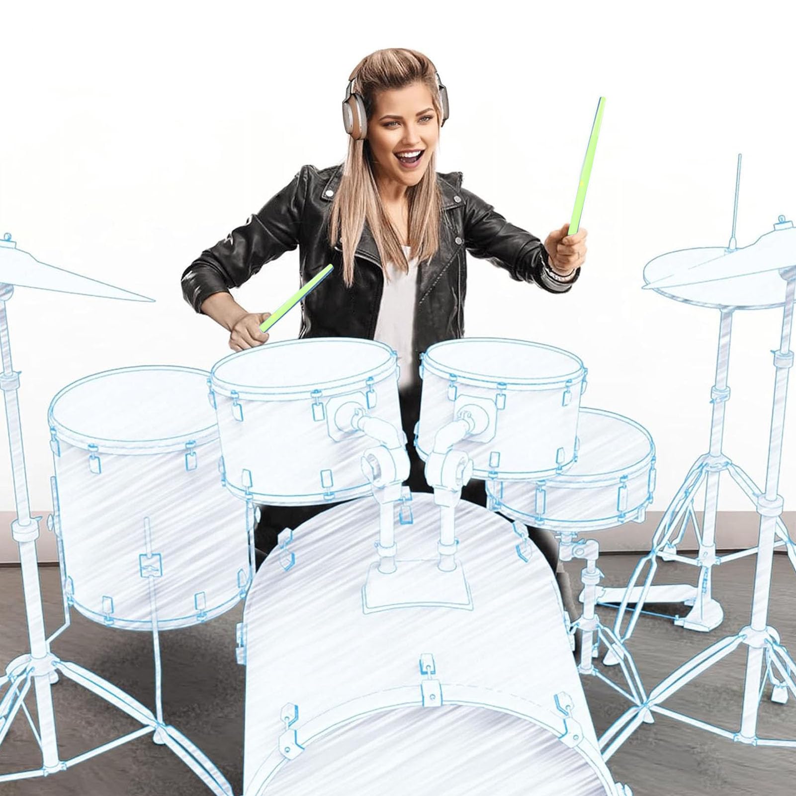 Elektrische Lufttrommel Set, Virtuelle Drumsticks Set, RGB Tragbar 3D-Bewegungsempfindung Air Drum Kit Mit & 8 Sounds für Erwachsene Percussion Accessoires (GREEN)
