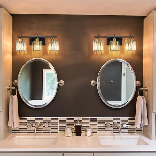 Miniatura 7 de Modernas luces de tocador de cristal para baño, lámpara de tocador negra y dorada mate, lámpara de baño de 3 luces sobre espejo, aplique de pared