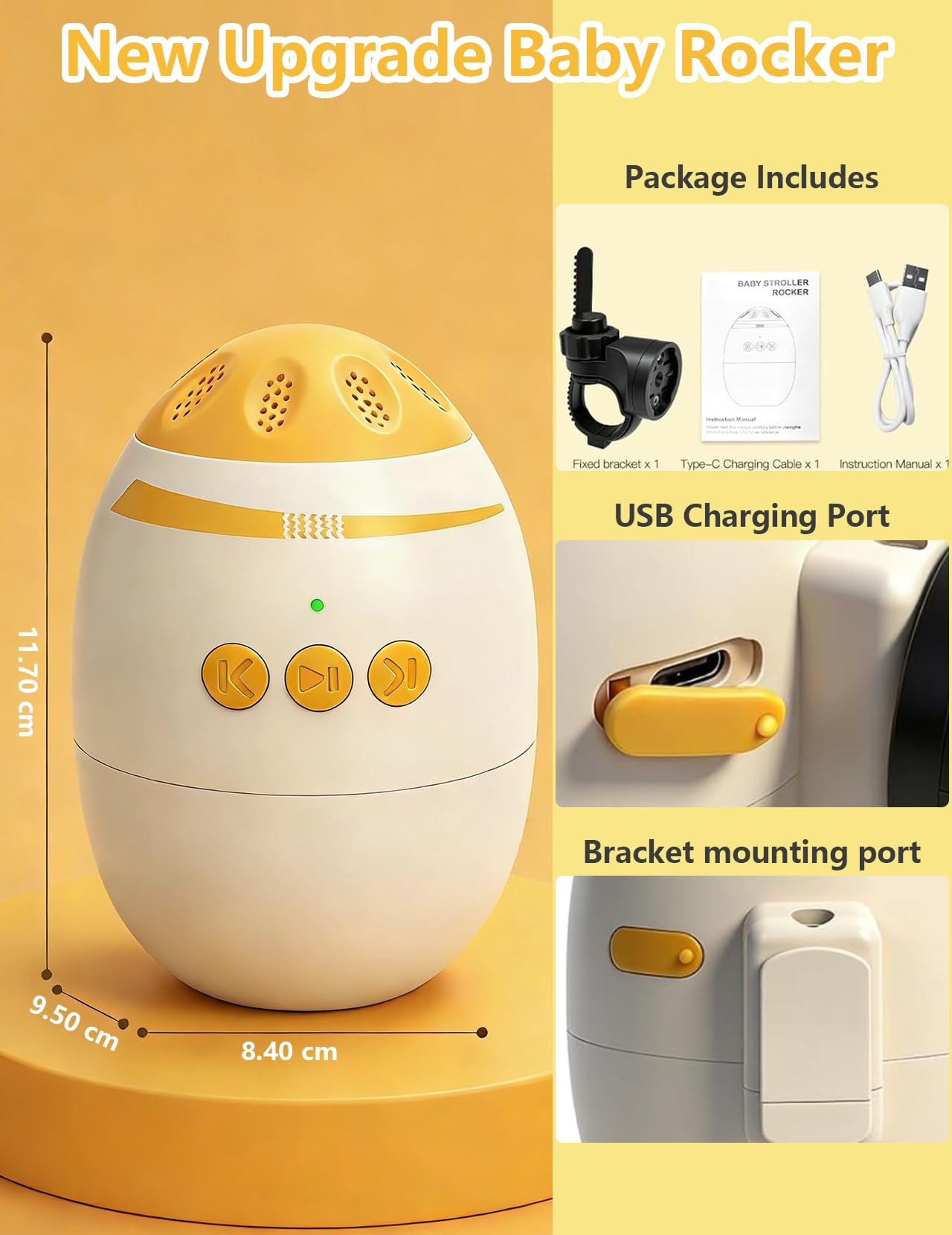 Cochecito de bebé, ayuda a dormir recargable con temporizador, carga USB-C, función de balanceo portátil para cochecito y cochecito