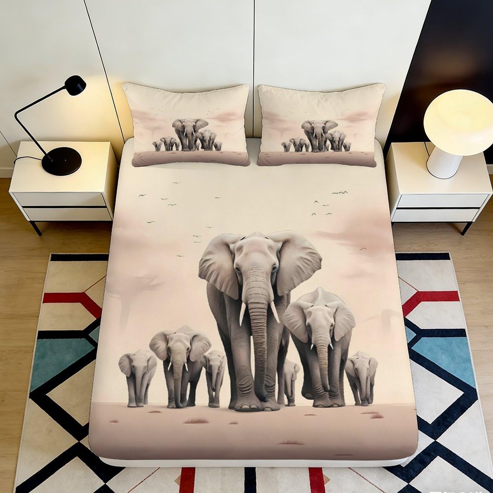3D Printed Elephant Safari Fitted Sheet Microfiber Soft Beige Bed Cover for Bedroom Guest Room Mattress Protection Decor 160x200x25cm
