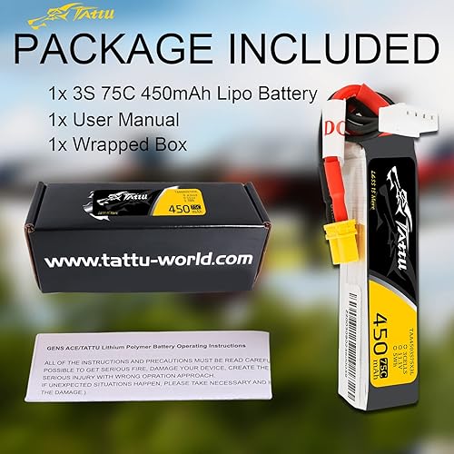 Miniatura 6 de Gens ace Tattu 3S Lipo Batería 11.1V 450mAh 3S 75C Lipo Batería con enchufe XT30 - Tamaño largo para dron de carreras Micro FPV
