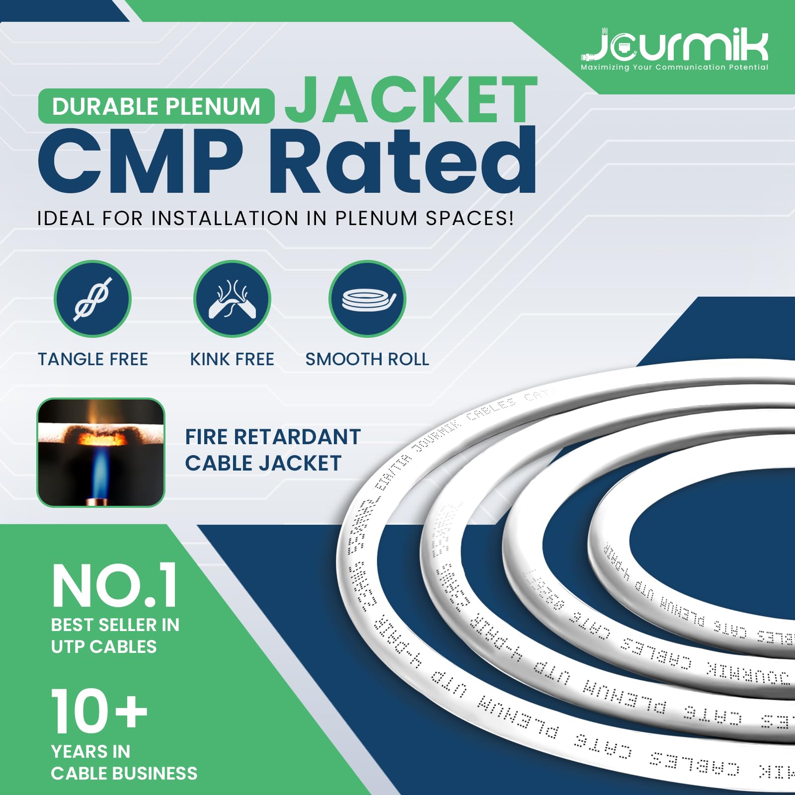 Jourmik | Câble plénum Cat6 de 304,8 m | Certifié DSX-8000, 23AWG, UTP, 550 MHz, 10 Gbit/s | Câble Ethernet CMP 100 % résistant au feu | Câble Ethernet Cat 6 le plus certifié pour la mise en réseau