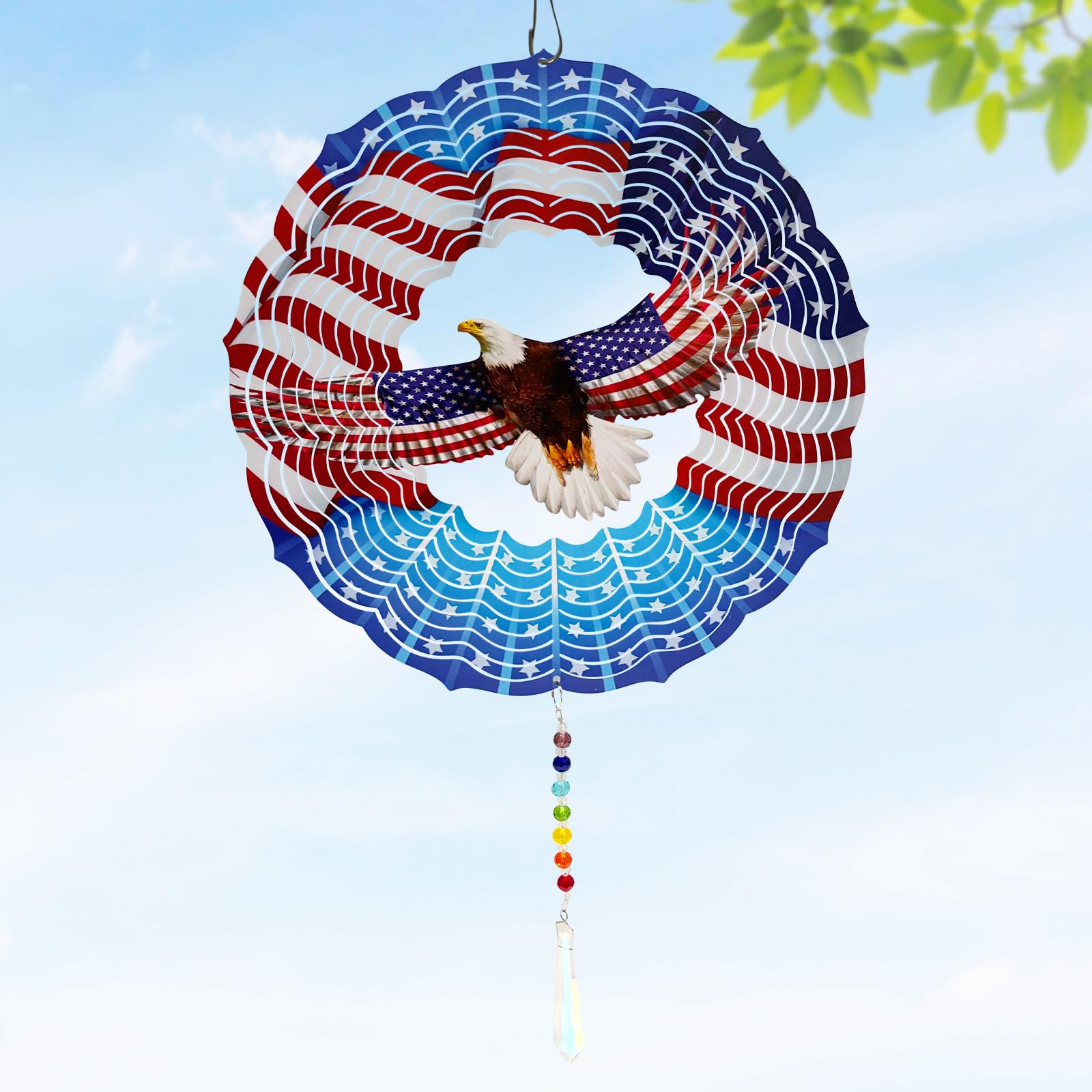 American Eagle Wind Spinner Crystal Tail, Marzovitra 10 inch 3D Stainless Steel Hanging Wind Spinner Metal Wind Catchers Kinetic Sculpture for Indoor,Outdoor Garden Decor,Yard Art