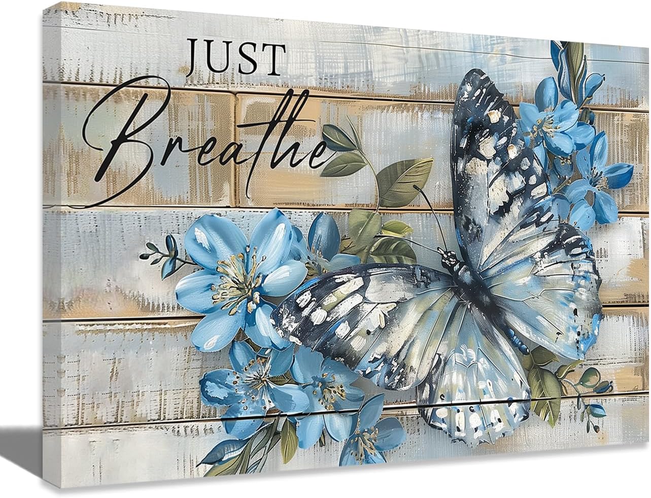 ZQQART Canvas Wall Art Vintage Inspirational Blue Flower Butterfly Picture Farmhouse Poster for Bedroom Home Decor Framed (16.00" x 24.00")