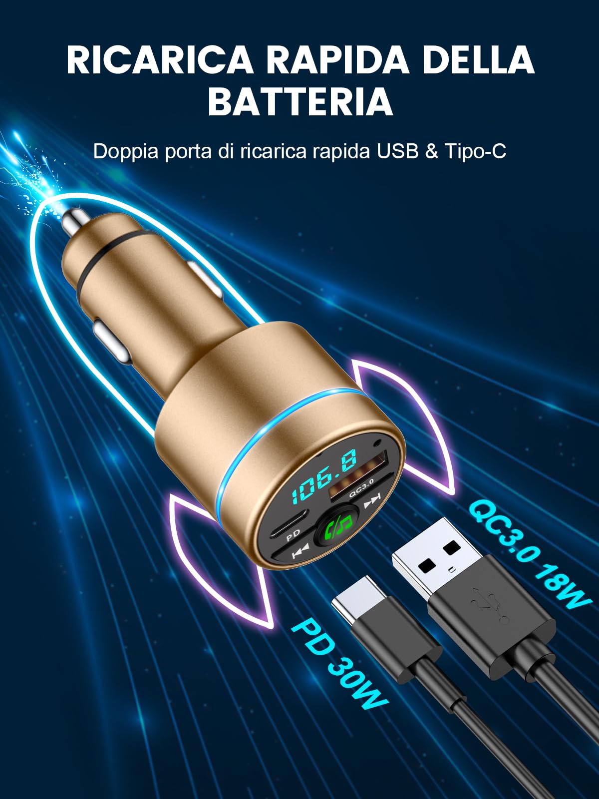 Mohard Trasmettitore FM Bluetooth 5.3 Auto, Ricarica Rapida PD 30W & QC3.0 18W Adattatore Bluetooth Accendisigari per Auto Interamente Metallo, Amplificatori Segnale Cellulari Car Musica Hi-Fi