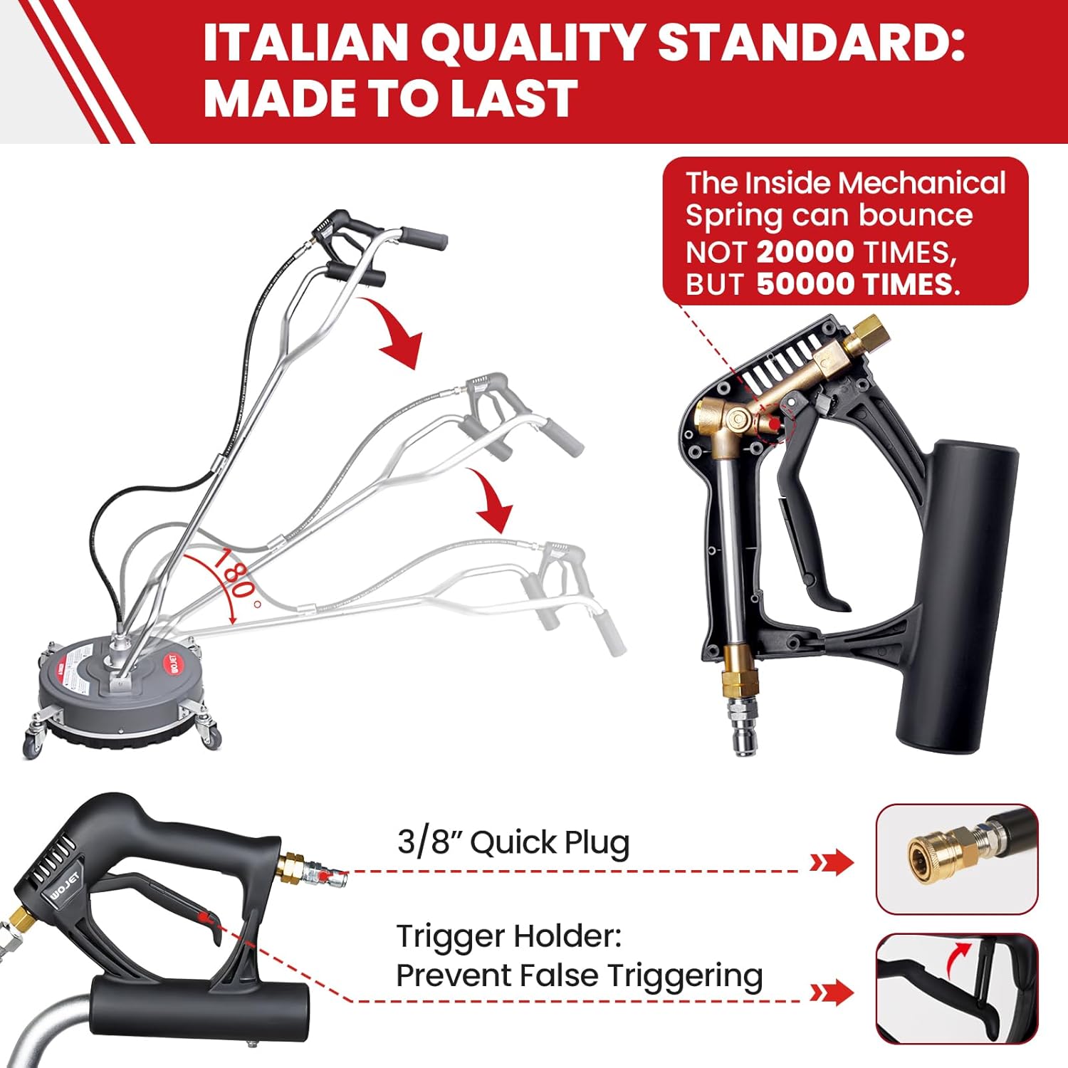 WOJET 18” Pressure Washer Surface Cleaner with 4 Wheels & Dual Handles, 4500PSI Surface Cleaner Attachment for Pressure Washer for Concrete Driveway Sidewalk Deck Patio Cleaning, 3/8'' Quick Connect