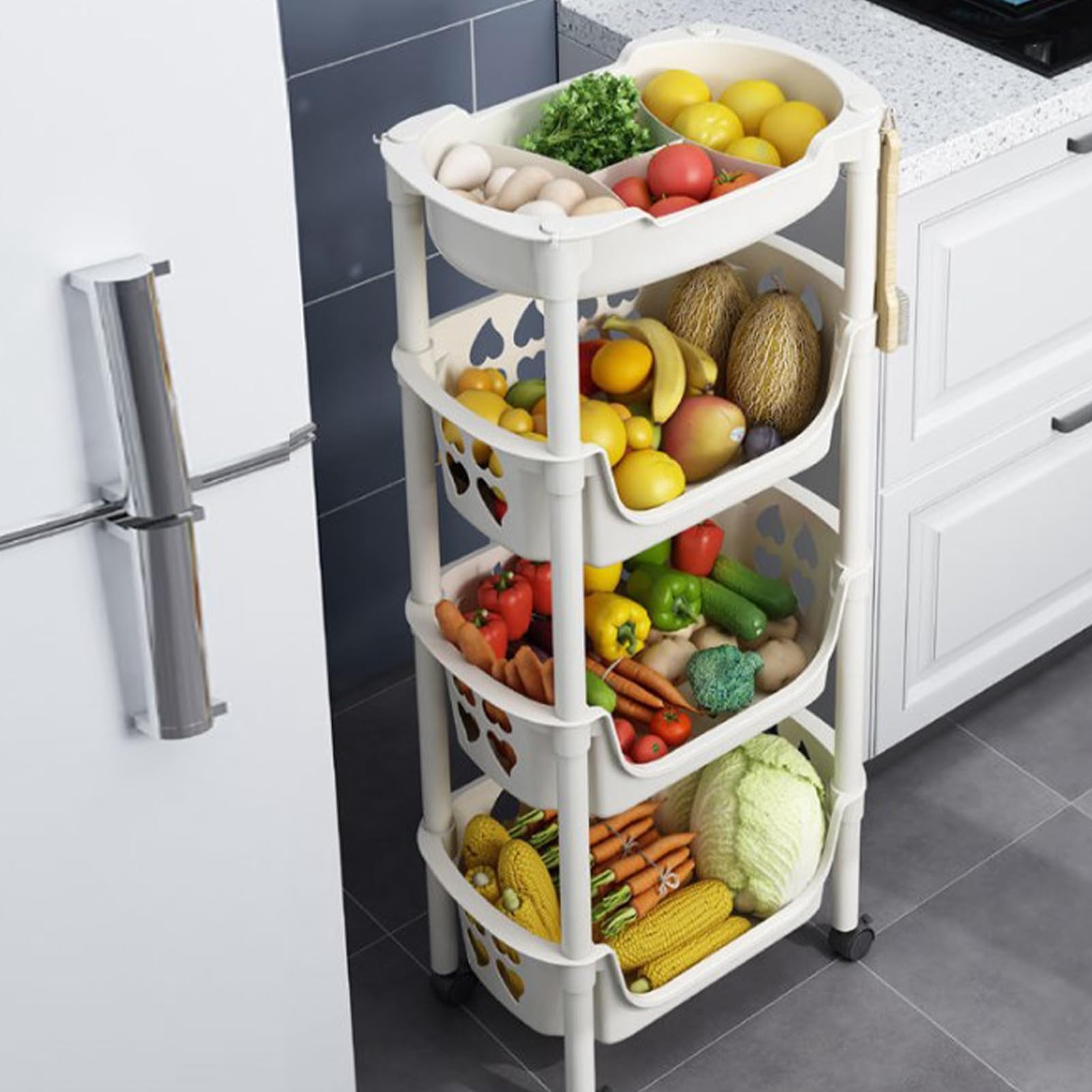 Estante de almacenamiento de cocina con ruedas, cesta de frutas y verduras, estante de almacenamiento de alimentos de varios niveles para cocina, despensa, baño, sala de estar (beige)