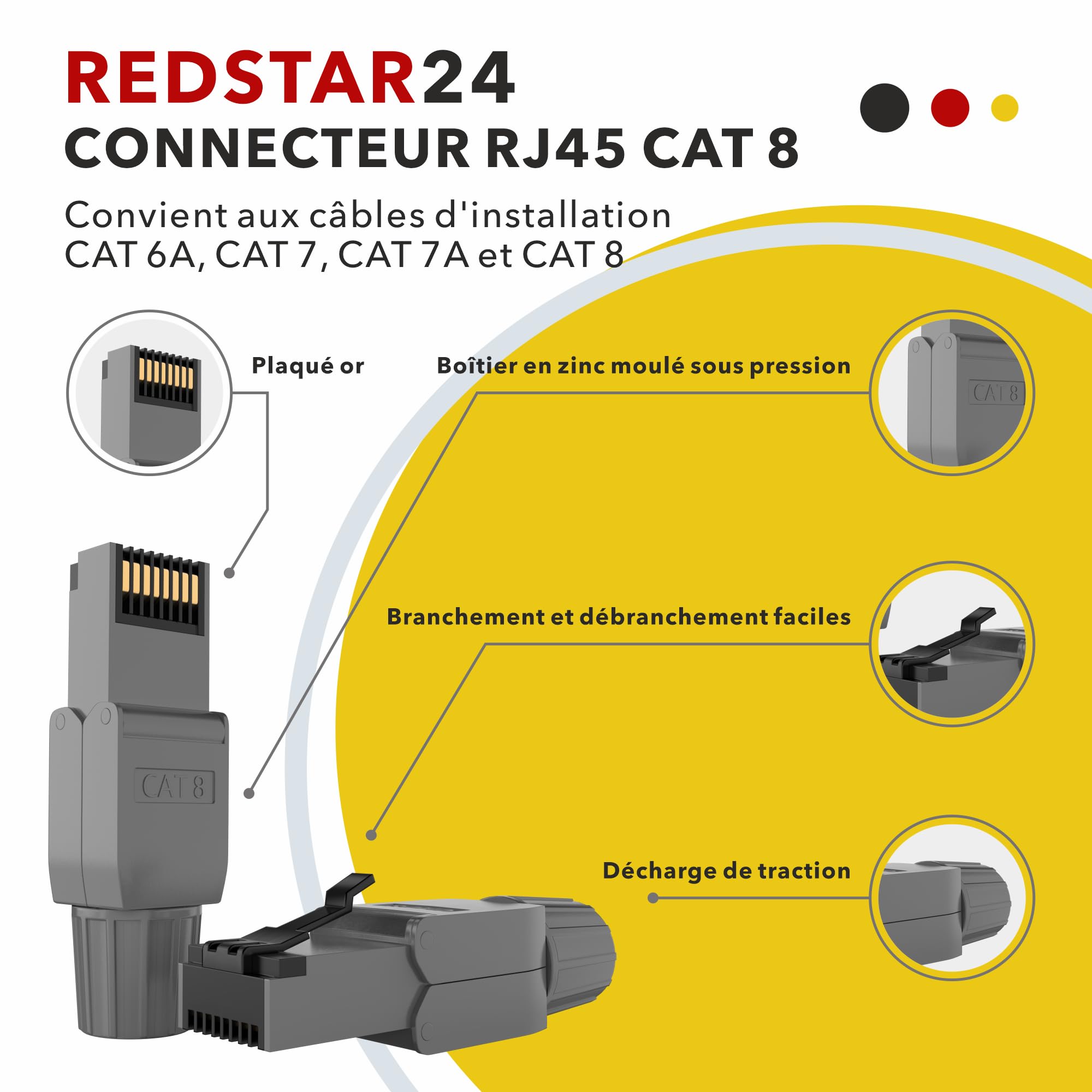 RedStar24 Connecteur RJ45 sans Outil CAT 7 CAT 8 Fiche Mâle Réseau 40Gbit/s 2000MHz Fiche à Sertir Blindée avec Connexion LSA pour câble ethernet CAT8 Cat7 Cat6a Cat6 8 pôles Plug | 4 pièces Noir