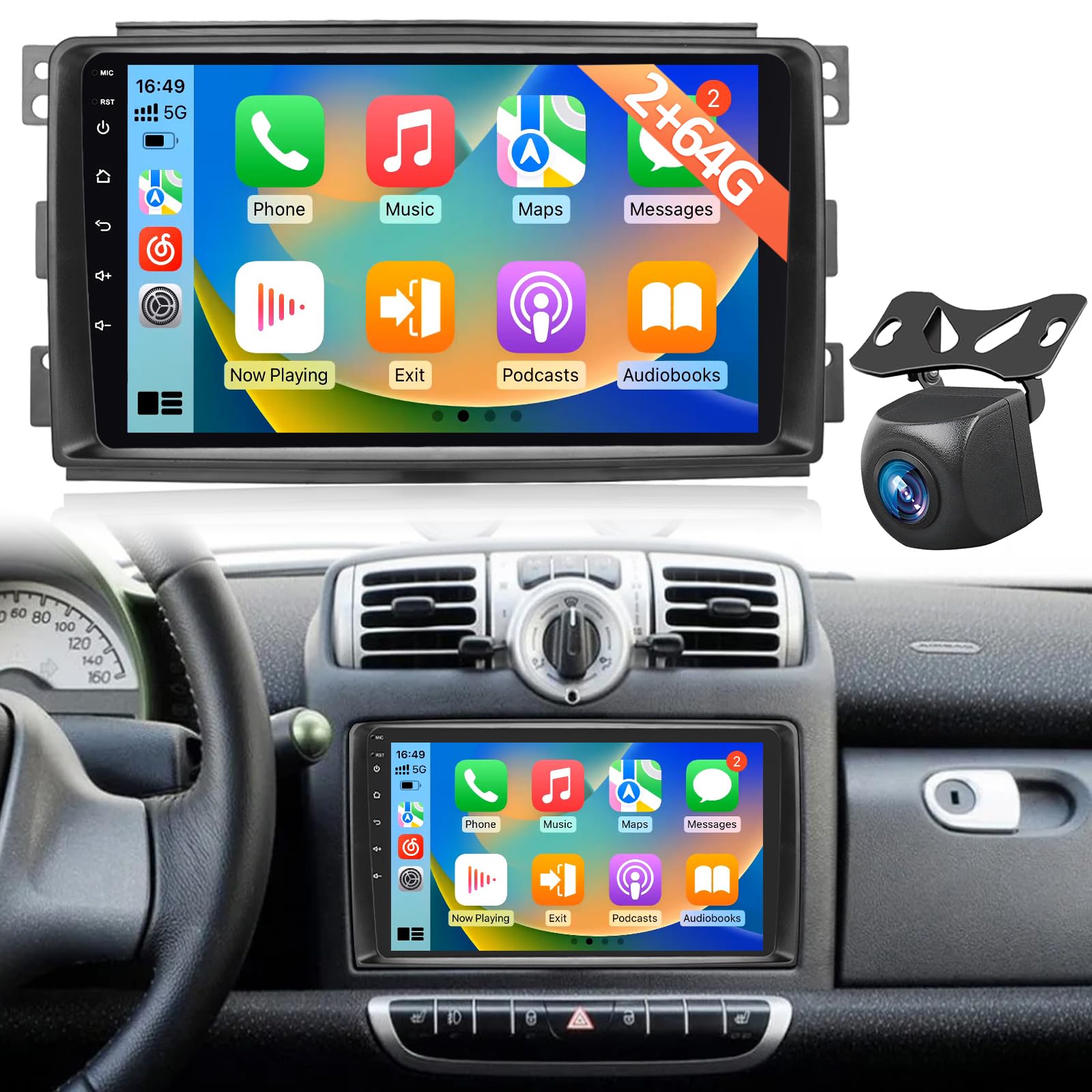 Autoradio Android pour Mercedes Benz Smart Fortwo 2005-2010, Écran Tactile 9 Pouces avec Wireless CarPlay & Android Auto, GPS Navigation WiFi Bluetooth FM RDS, Son DSP, Caméra de Recul AHD