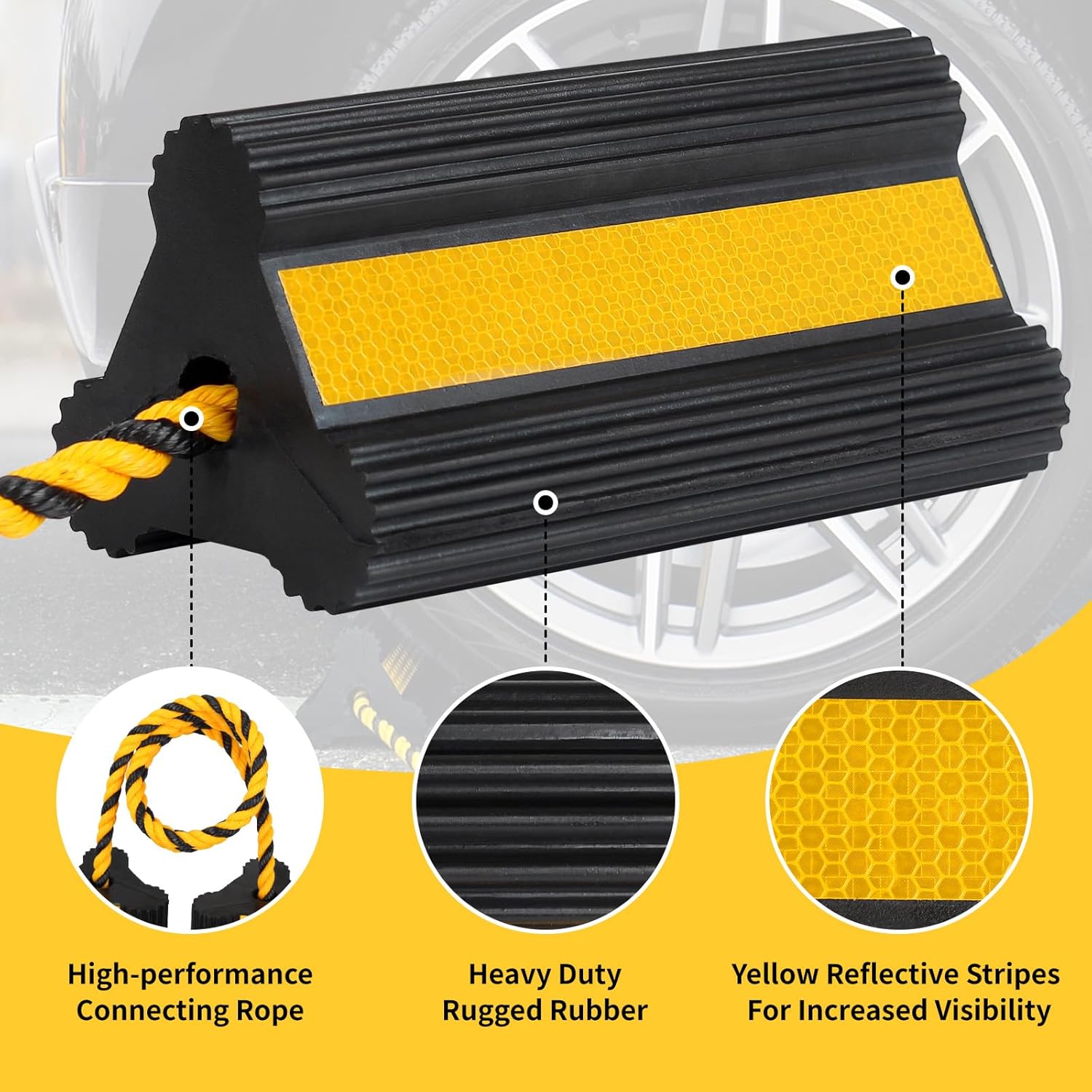 OULEME Heavy Duty Rubber Wheel Chocks, 1 Pair, Non-Slip Tire Stopper Blocks with Rope, for RV Camper Travel Trailers Motorhome Aircraft Car Truck