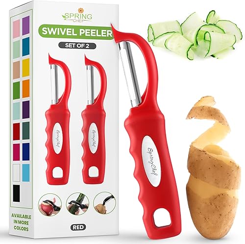 Spring Chef Pelador de verduras giratorio profesional rojo para cocina, peladores de papas de acero inoxidable con mango de agarre suave, perfecto