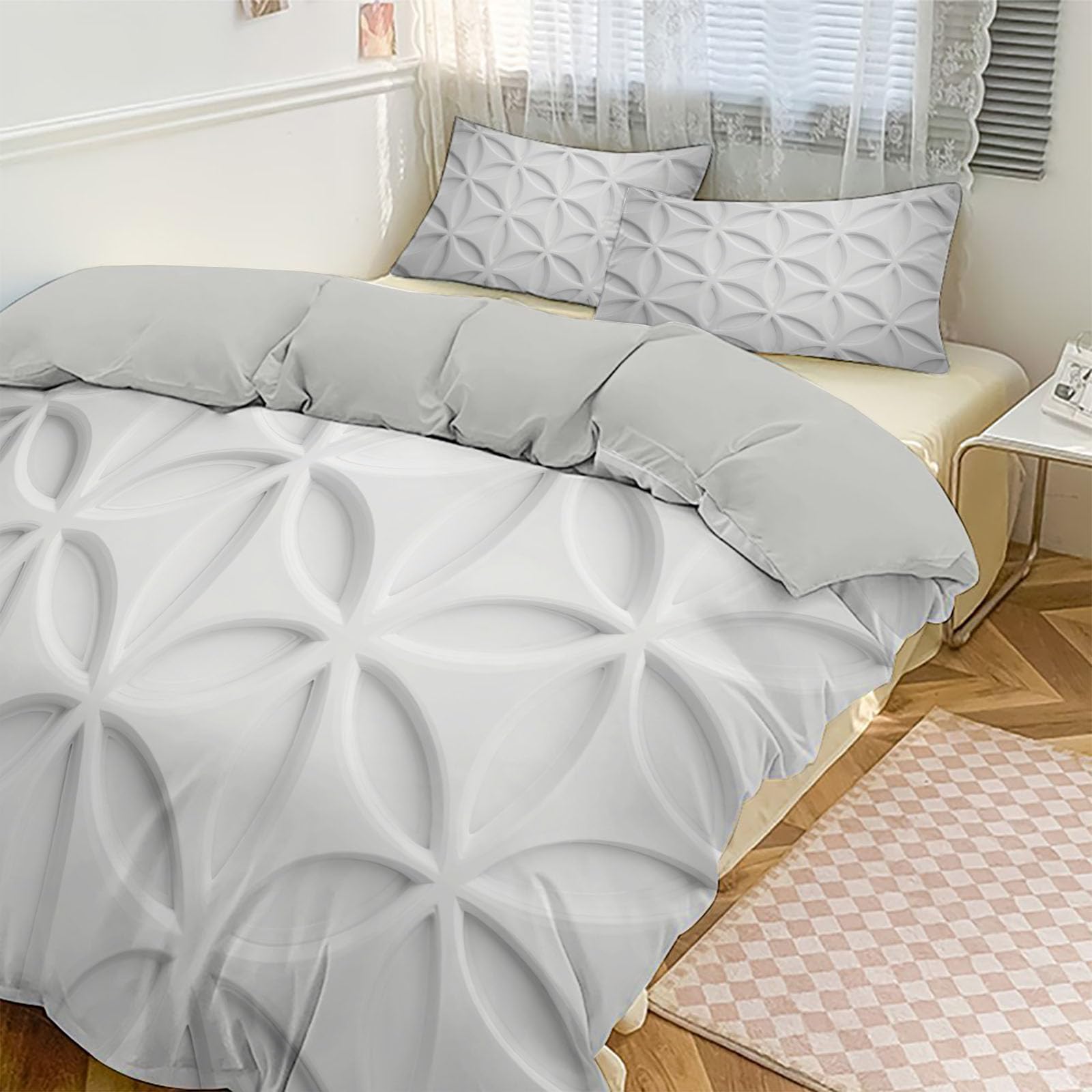 Copripiumino Matrimoniale Moderno Geometria,Set di Biancheria da Letto Effetto Rilievo Visivo Astratto Petali Foglie,Copri Piumino 200x200cm con 2 Federe 50x75 cm,Microfibra Morbida Lavabile,Bianco