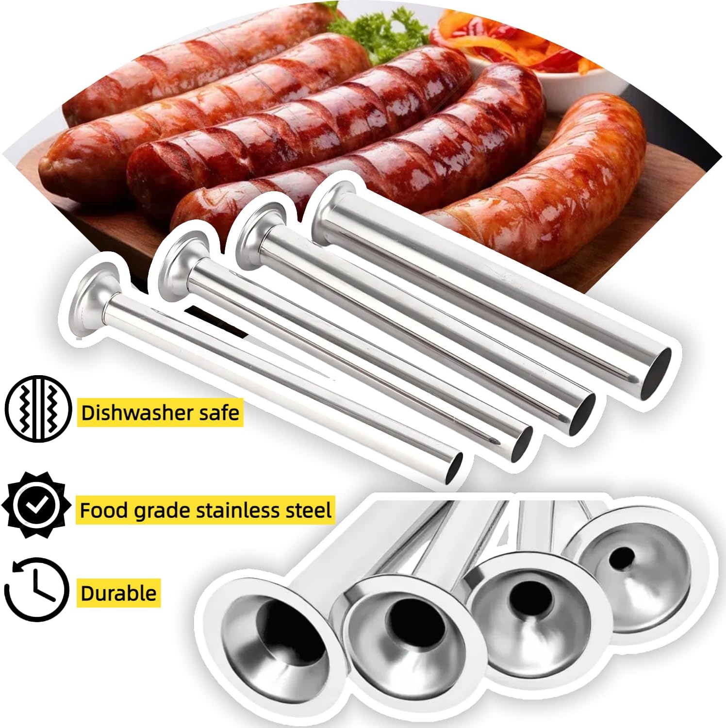 4Pcs Stainless Steel Sausage Stuffing Tubes,4 Sizes Stainless Steel,For LEM 606,606SS,1606,1606SS Sausage Stuffers.