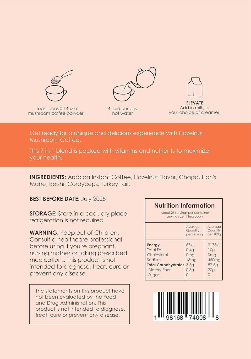 Muse Mushroom Coffee Ultra Concentrate Antioxidant Rich Organic Lion's Mane, Reishi, Cordyceps - 0 Sugar, Hazelnut Flavor Medium Roast 3.53oz (100g)