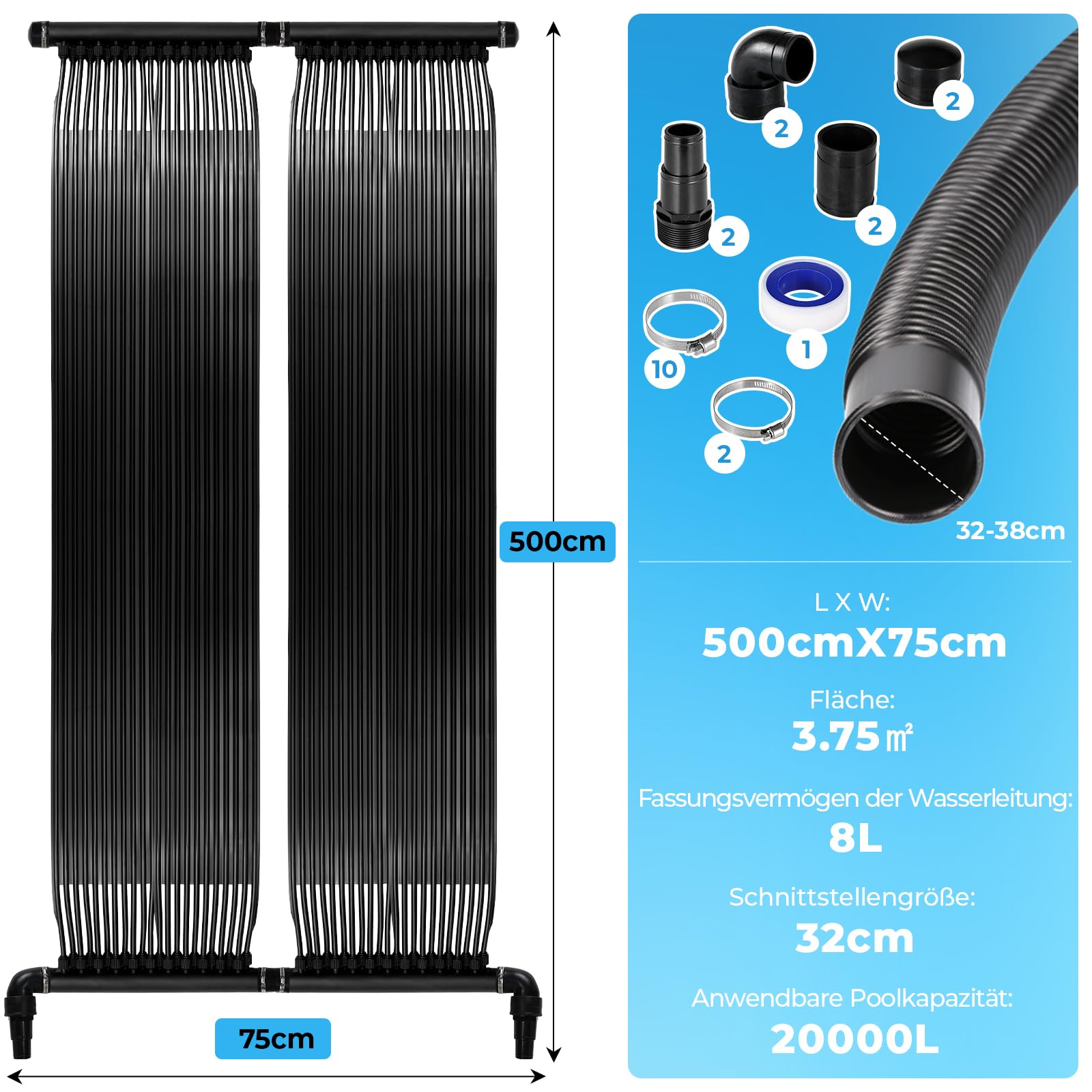 LIFERUN Calentador Solar para Piscinas 500x150 cm, Calentador Agua Piscina Solar, Calentador Solar de Piscina, Calentador Piscina Solar, Piscina de 7.5㎡ hasta 40000L Contenido de Agua, Protección UV