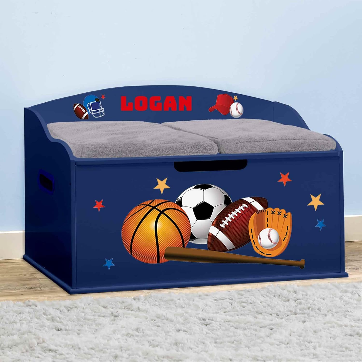 DIBSIES Personalized Creative Wonders Toy Box, Sports, 30 x 19.25 x 18 inches, Soft-Close Lid (Blue)
