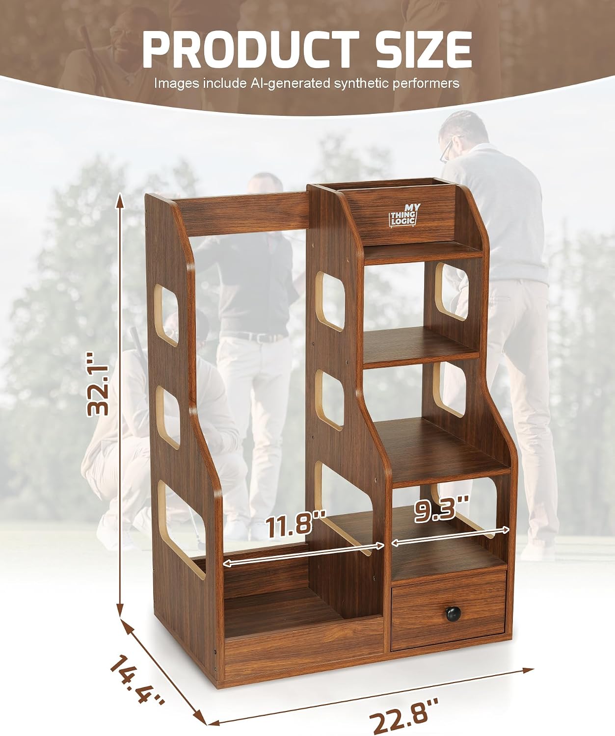 Mythinglogic Wooden Golf Bag Storage Rack for 1 Full-Size Bag with Drawer | Holds full-size Golf Bag with Drawer and Ball Holder, Furniture-Style MDF Storage for Home, Office,Garage or Simulator Rooms