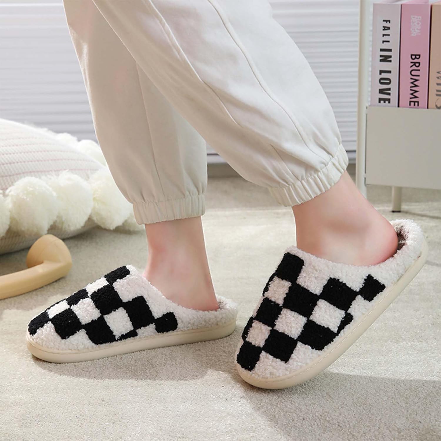 Checkered Slippers - Men & Women's Funny, Fluffy House & Outdoor Shoes - Memory Foam, Warm, Plush Bedroom Slippers for Winter - Image 3