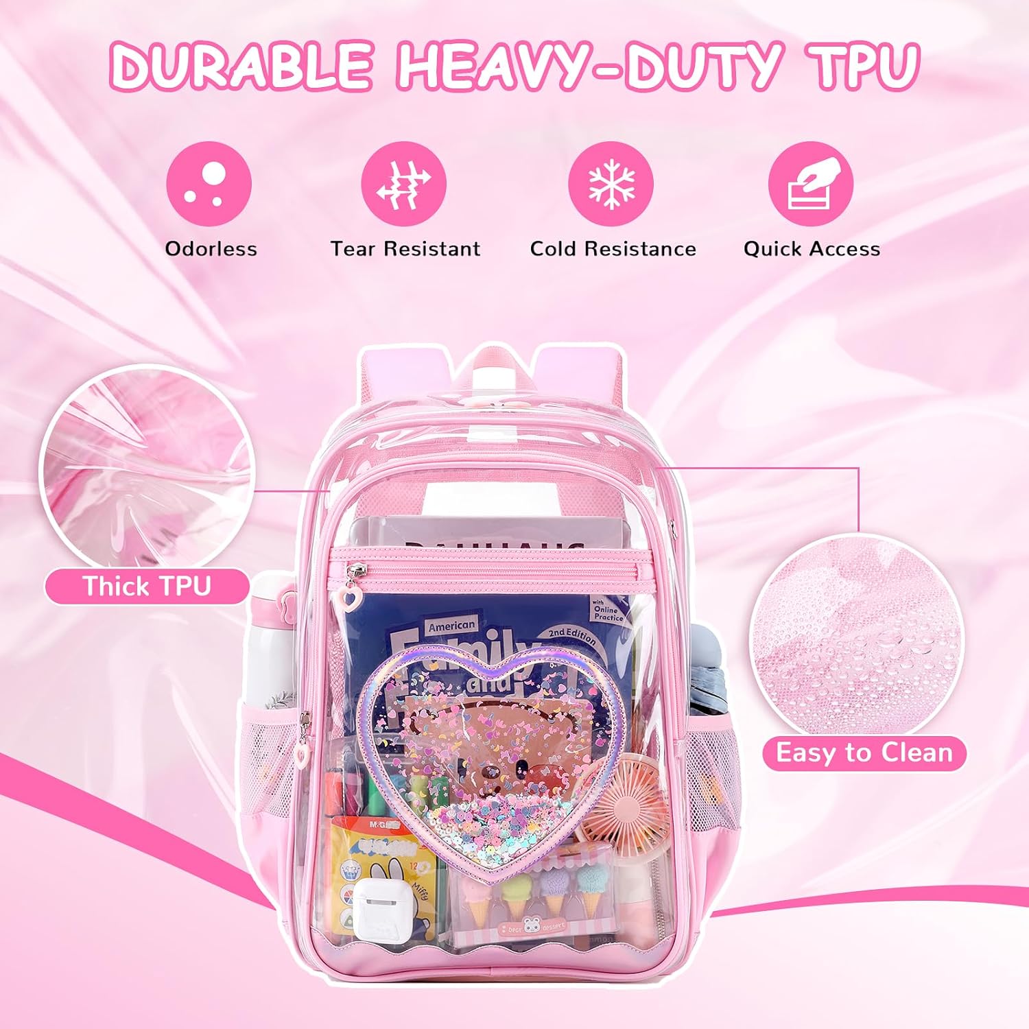 Clear Backpack, Heavy Duty Thick TPU Clear Bookbag, Transparent Bookbag Stadium Events, See Through Large Ergonomic Backpack for School Kids Girls Women Travel Security College Concert, Pink - Image 5