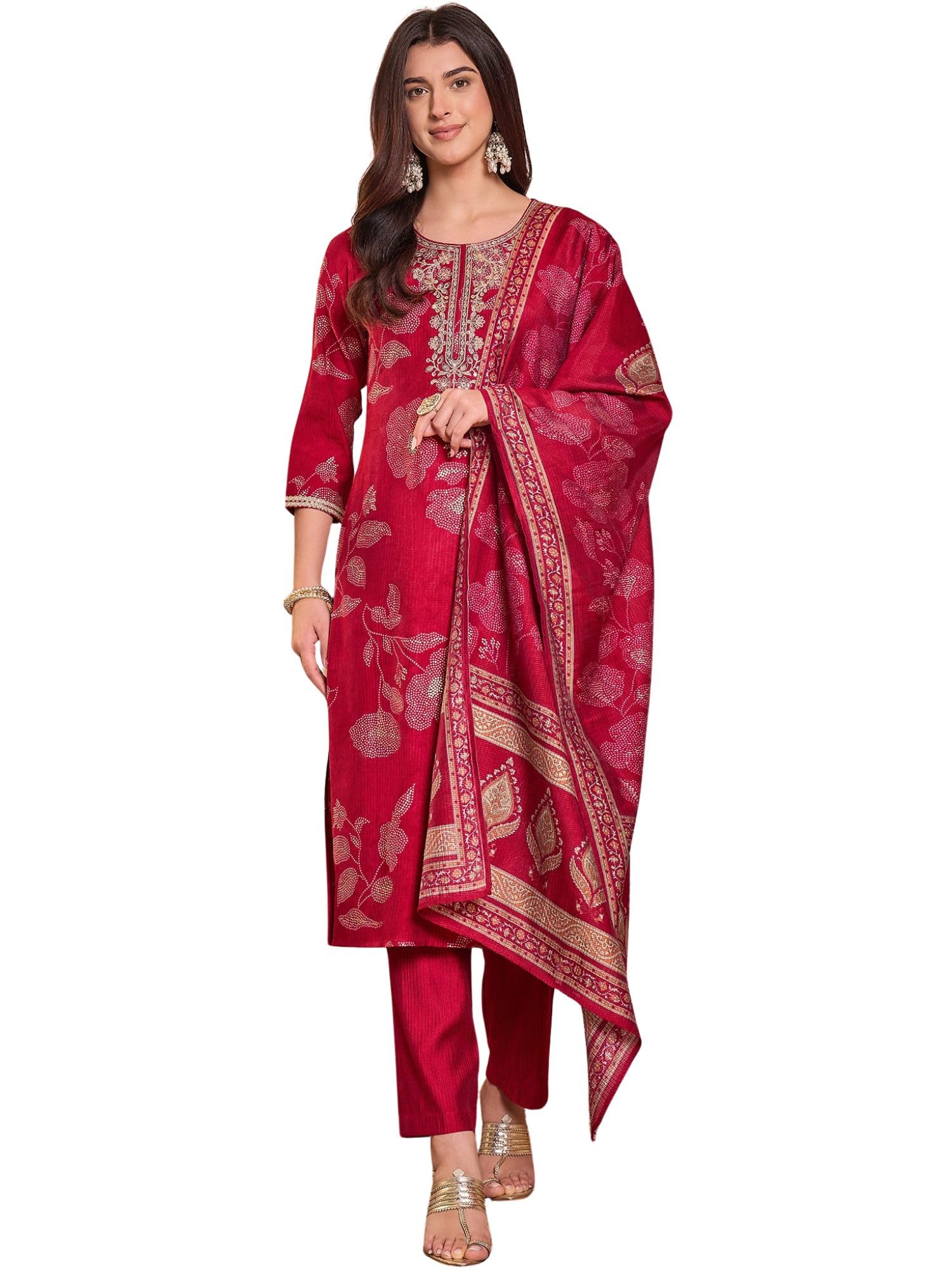 Pink Silk Blend Printed Straight Floral Kurta Trousers With Dupatta Set | Festive Straight Kurta Set For Women | Floral Salwar Suit For Women-image-39