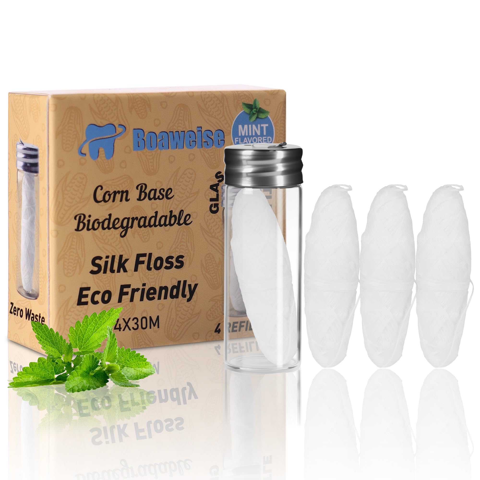 Corn Biodegradable Dental Floss with Refillable Glass Container 30M x4 Free Refill Fresh Mint Flavor Natural Vegan Silk