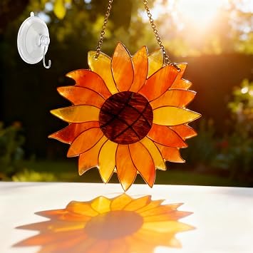 Sunflower Stained Glass Window Hanging - Sunflower Gifts for Women Flower Suncatcher Ready to Hang Window Doors Home Decoration and Christmas, Mothers Day Birthday Gifts for Men