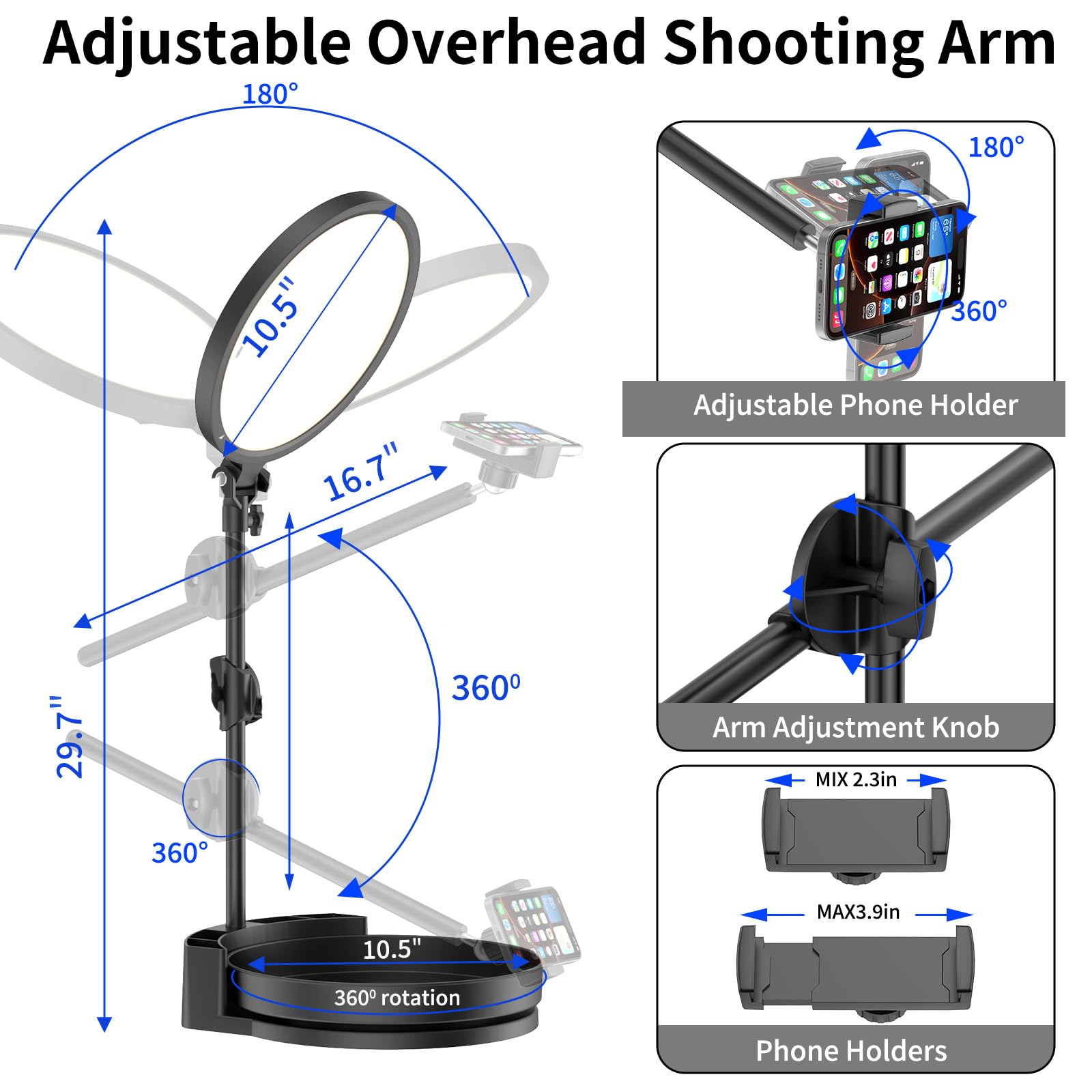 Kit de luz para selfie para escritorio y portátil, anillo de luz regulable de 55 W para pantalla completa, con caja de almacenamiento giratoria, soporte para bolígrafo, soporte para teléfono y